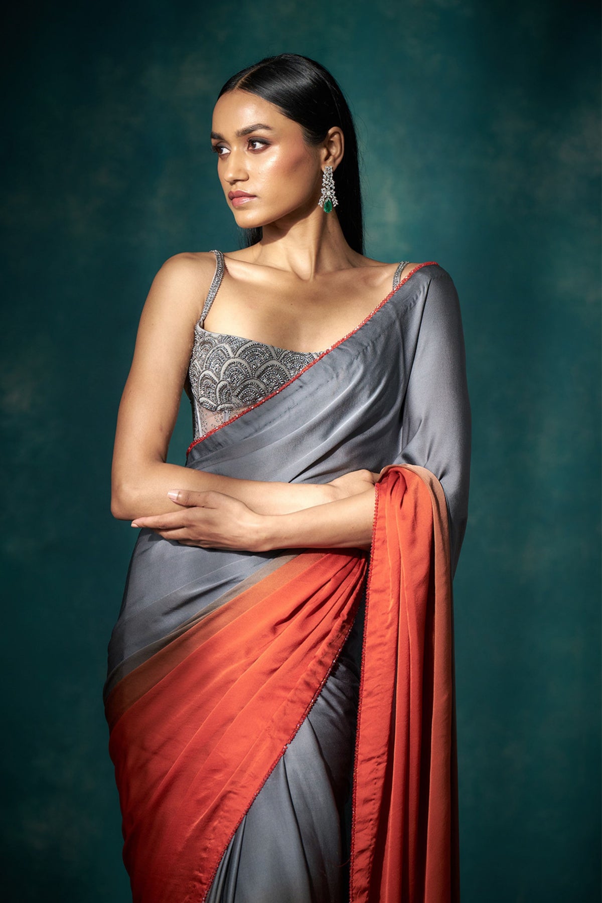 Grey Orange Ombre Saree Set