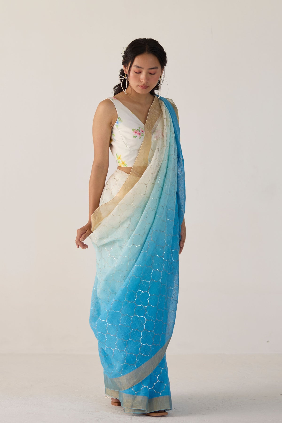 Blue Ombre Sari With Gold Dot Print