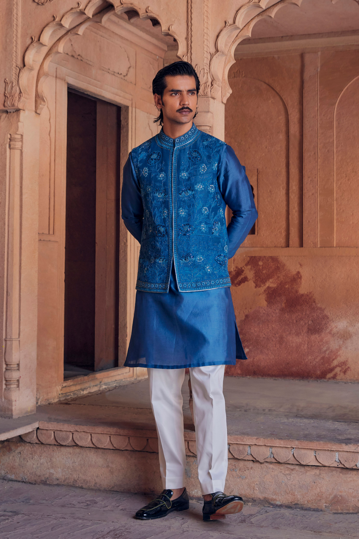 Vasl Nehru Jacket Set With Gota Handwork