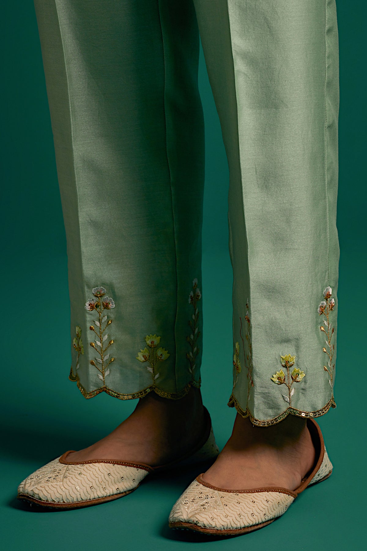 Green V Neck Silk Chanderi Kurta and Pant