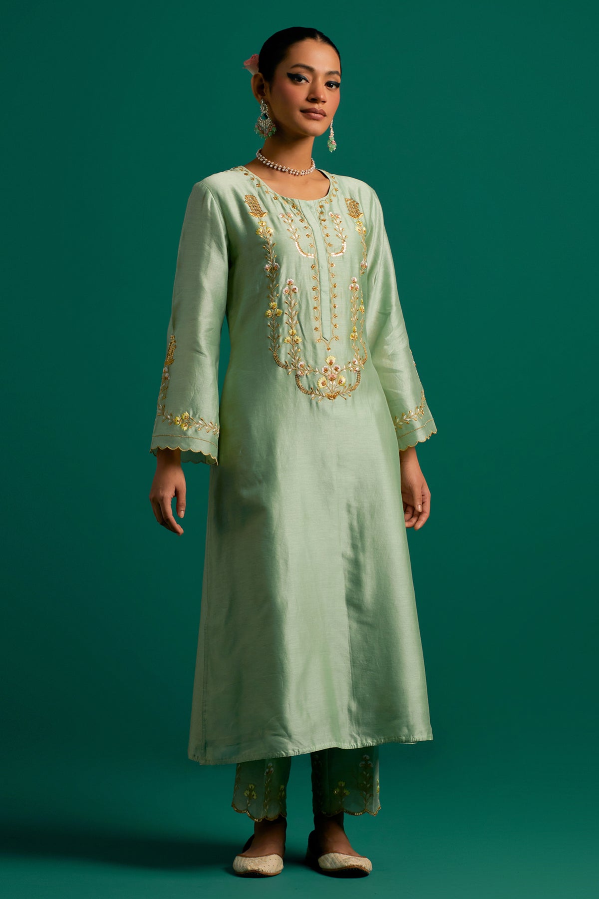 Green Silk Chanderi Kurta and Pant