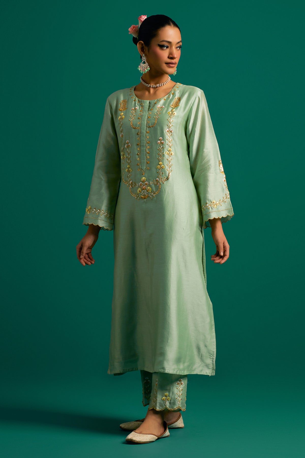 Green Silk Chanderi Kurta and Pant