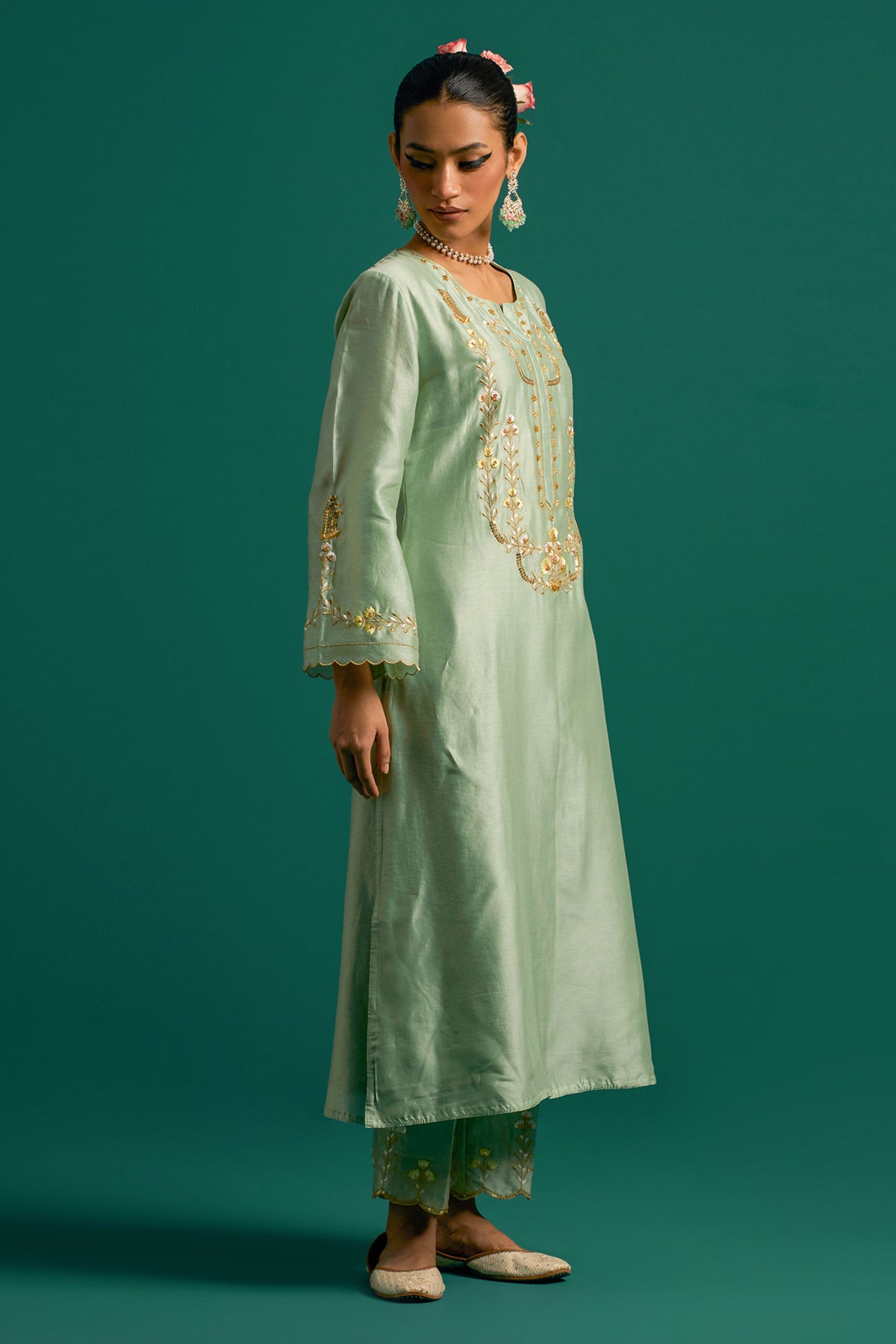 Green Silk Chanderi Kurta and Pant