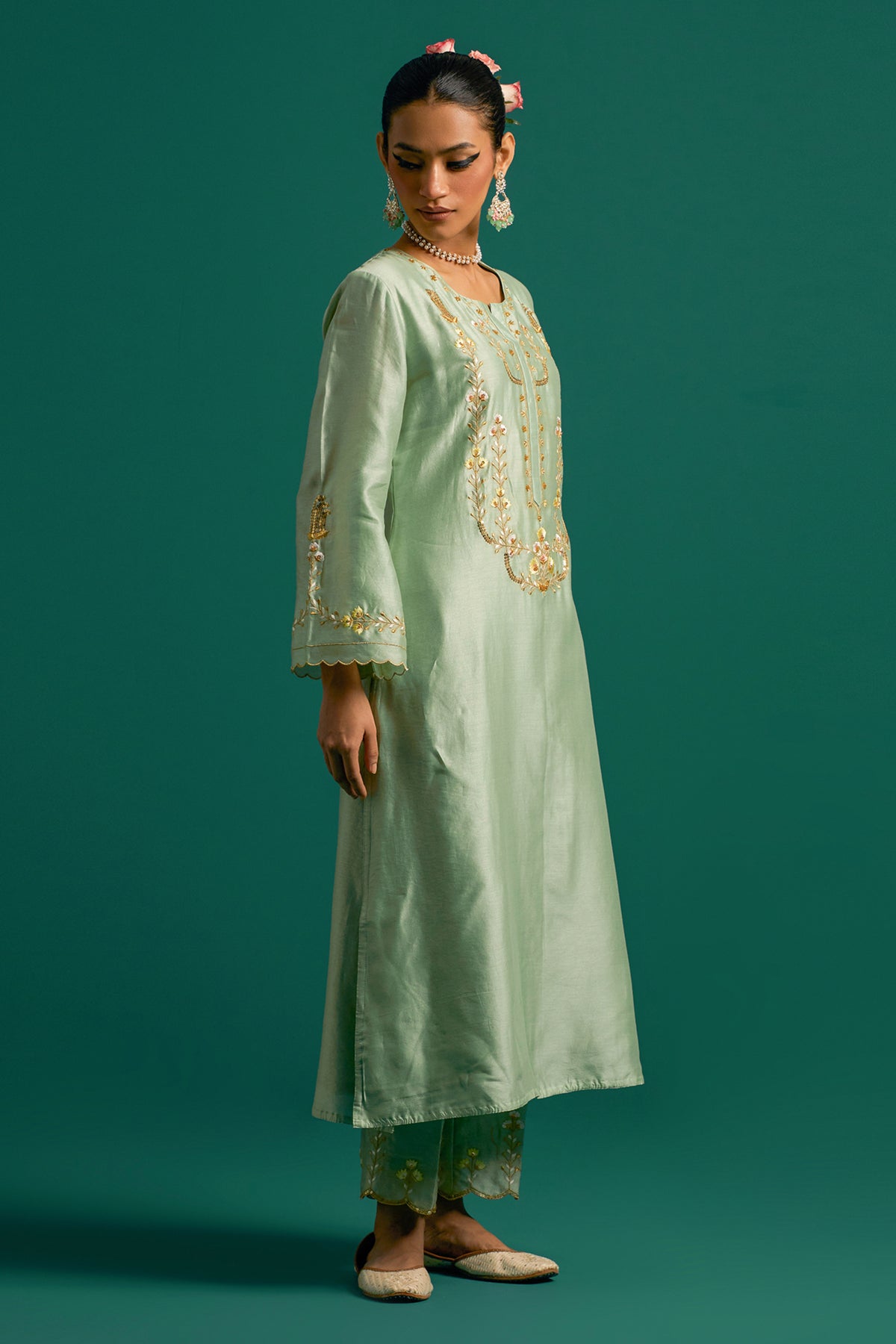 Green Silk Chanderi Kurta Set With Light Pink Dupatta