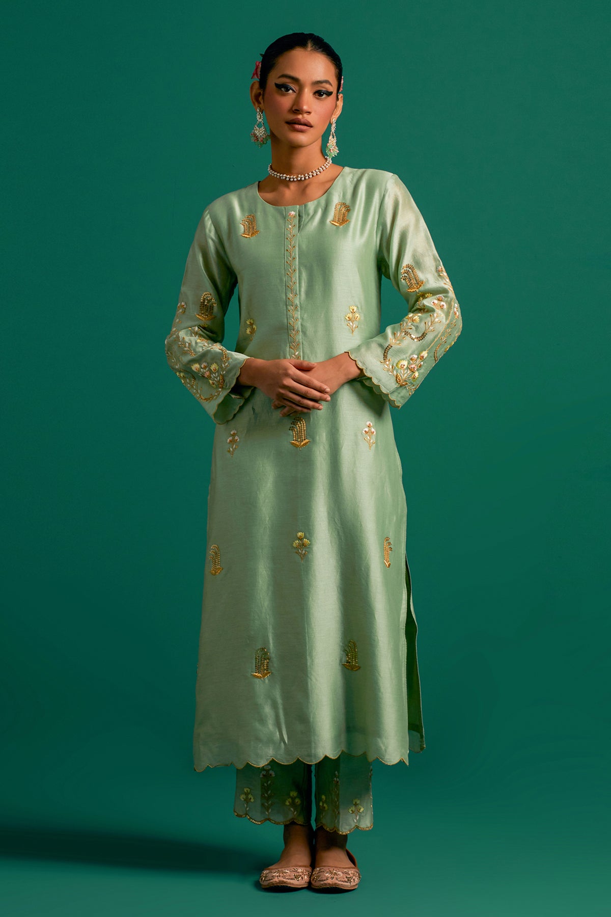 Green Silk Chanderi Kurta and Pant