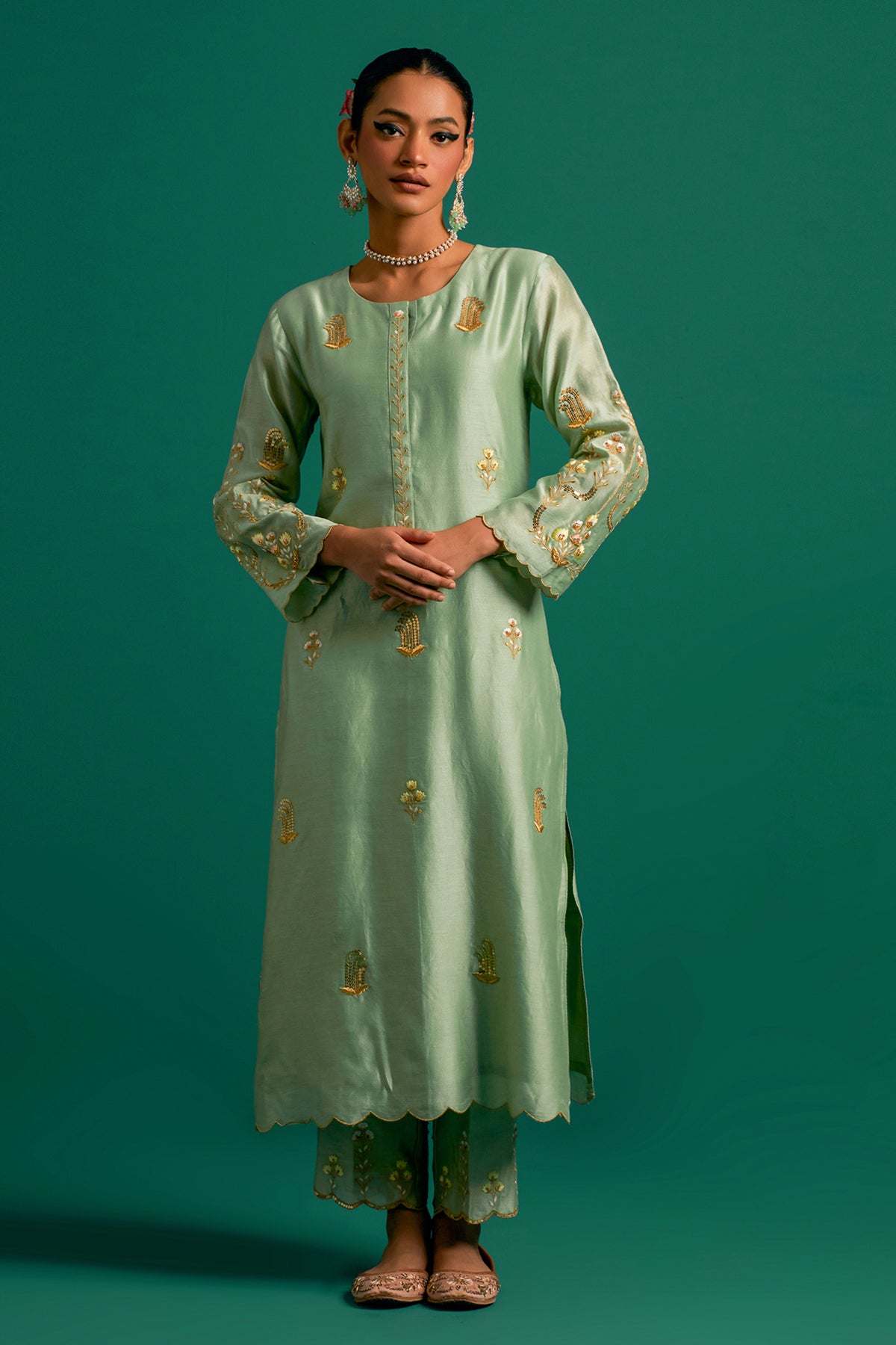 Green Silk Chanderi Kurta Set With Light Pink Dupatta