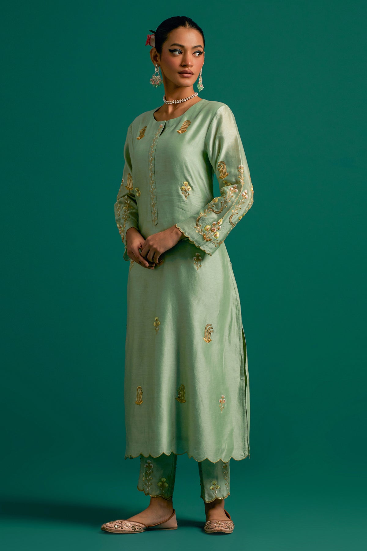 Green Silk Chanderi Kurta and Pant