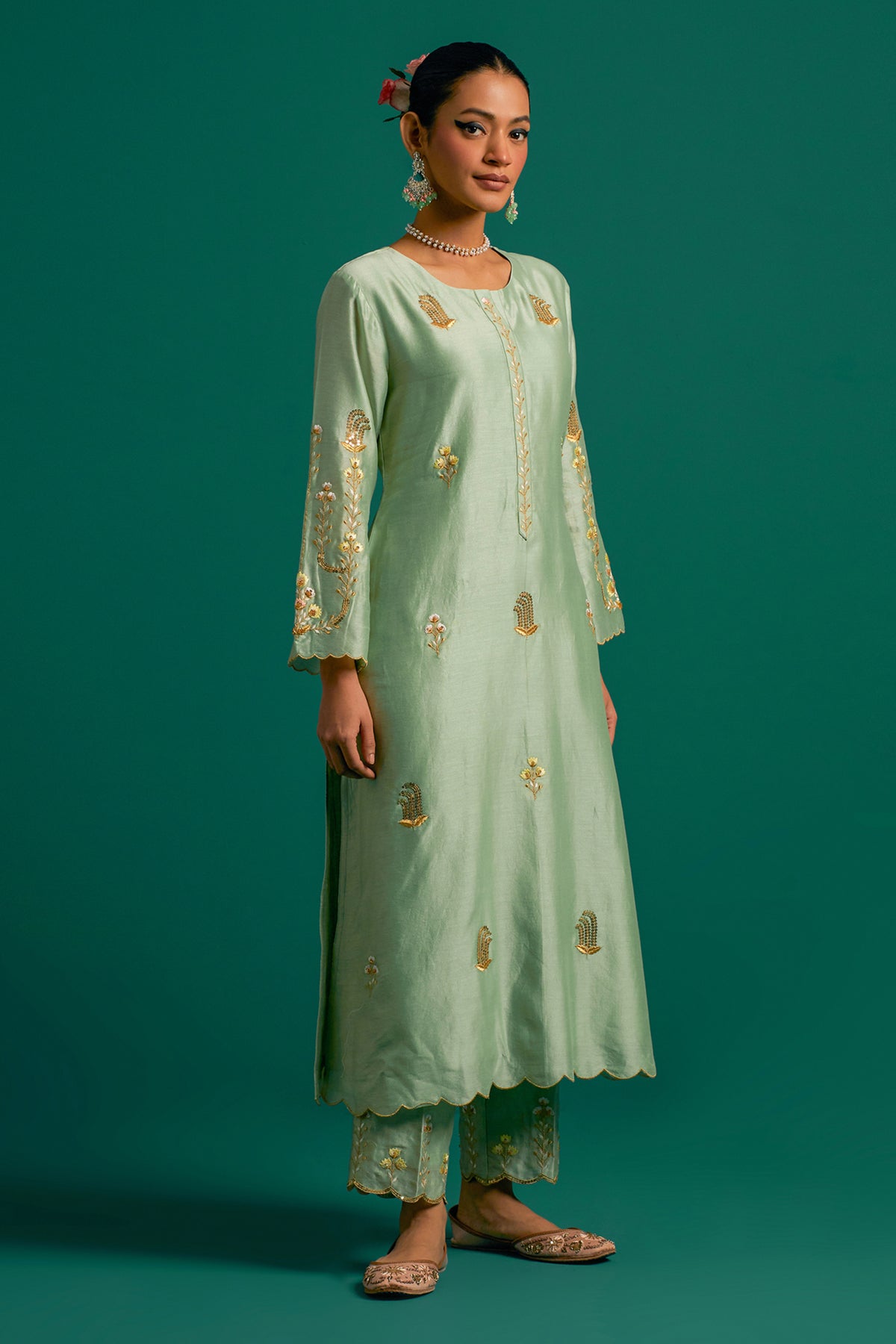 Green Silk Chanderi Kurta and Pant