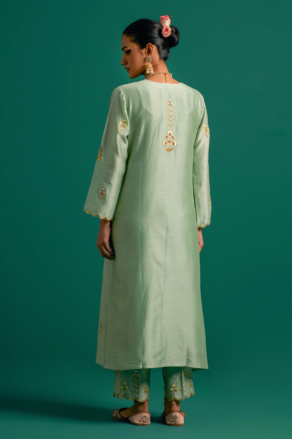 Green V Neck Silk Chanderi Kurta and Pant