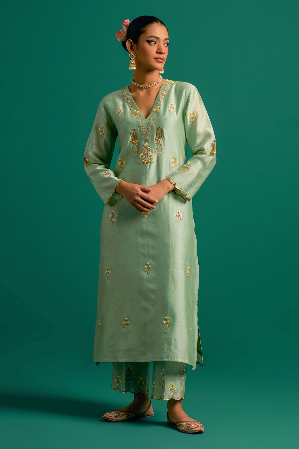 Green V Neck Silk Chanderi Kurta and Pant