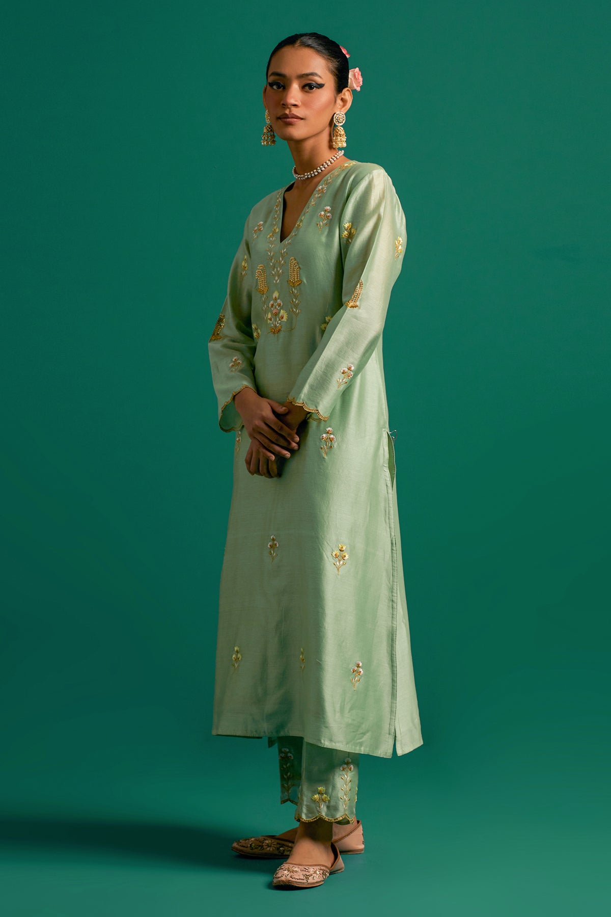 Green V Neck Silk Chanderi Kurta and Pant