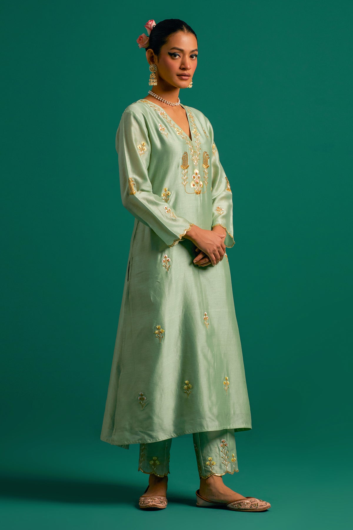 Green V Neck Silk Chanderi Kurta and Pant