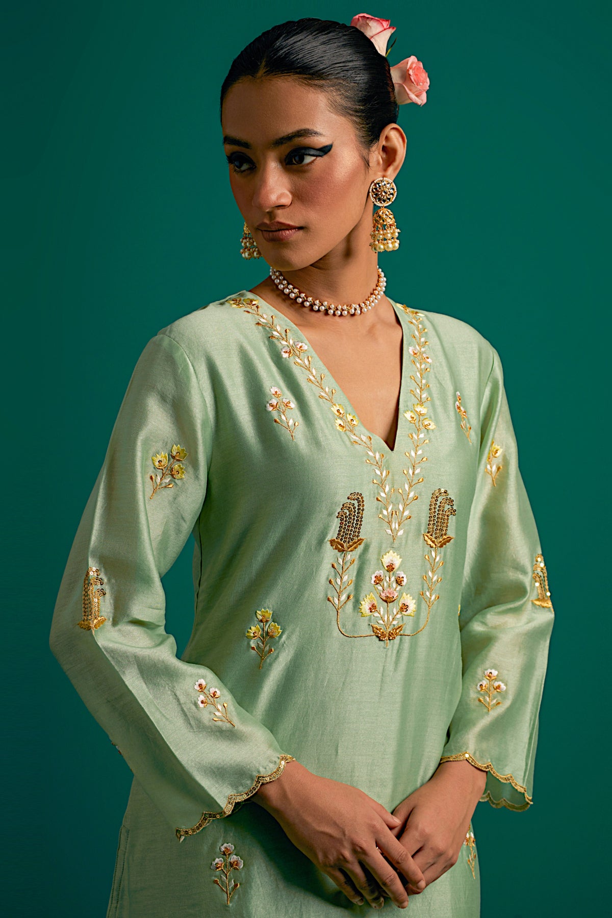 Green V Neck Silk Chanderi Kurta and Pant