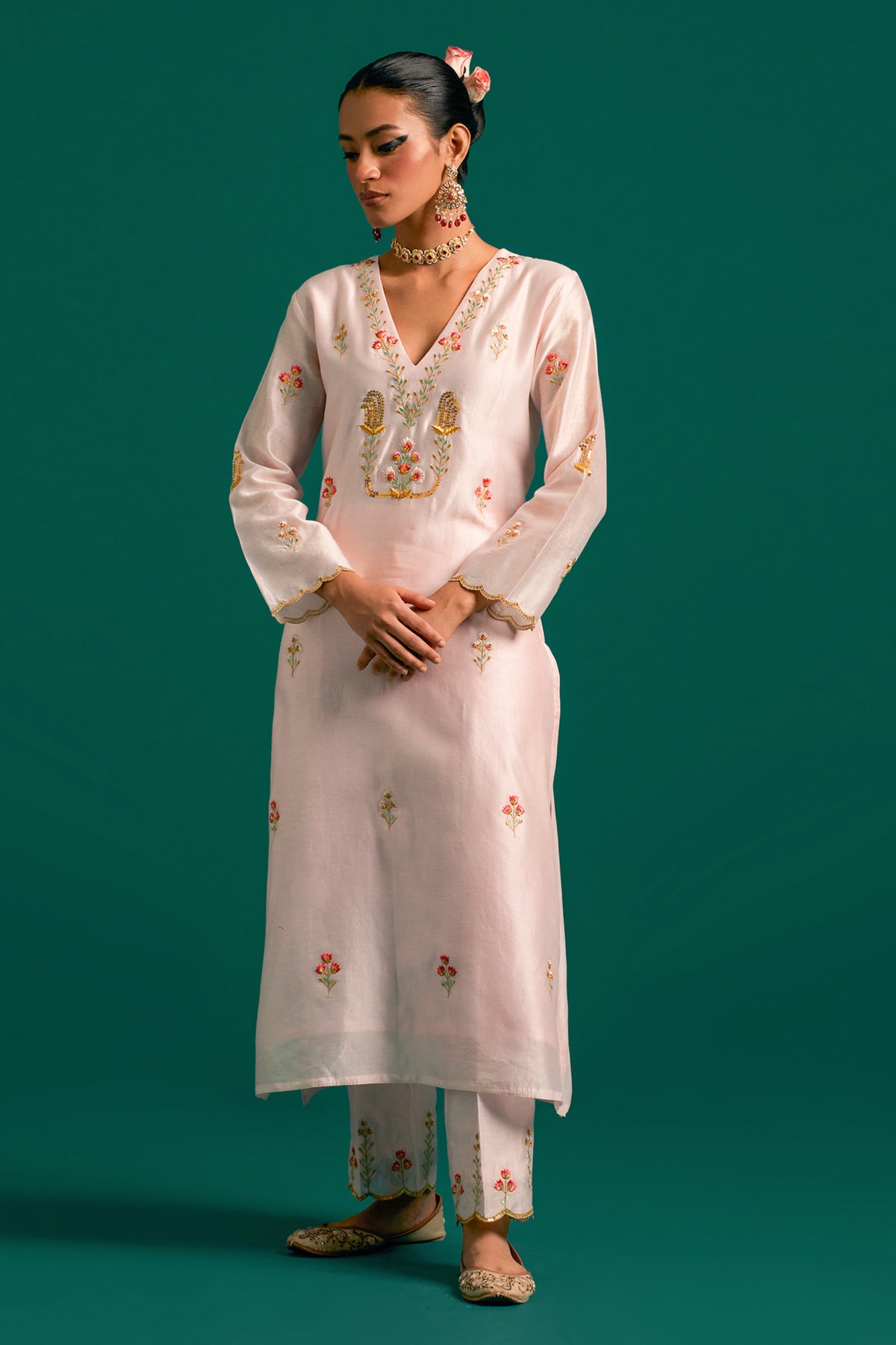 Pink V Neck  Silk Chanderi Kurta and Pant