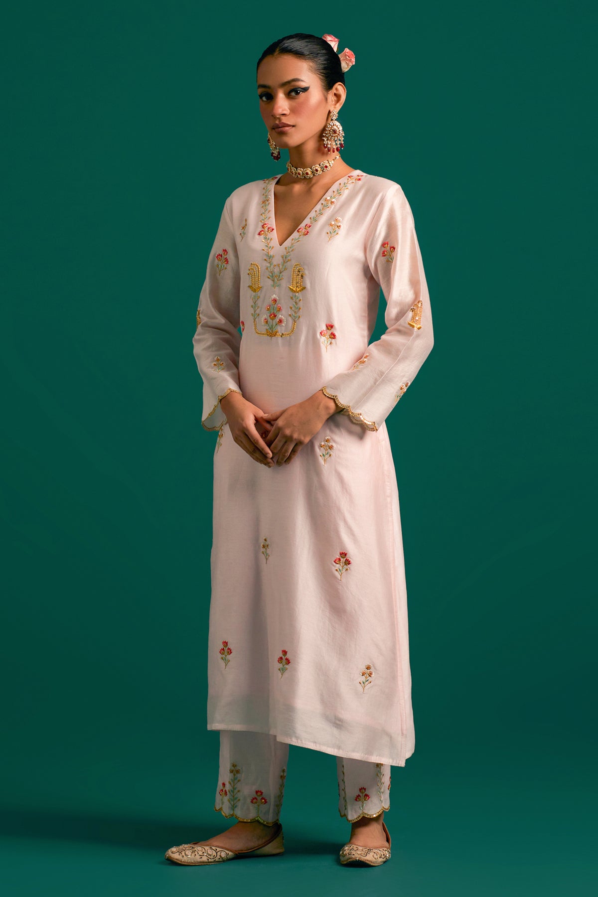 Pink V Neck  Silk Chanderi Kurta and Pant