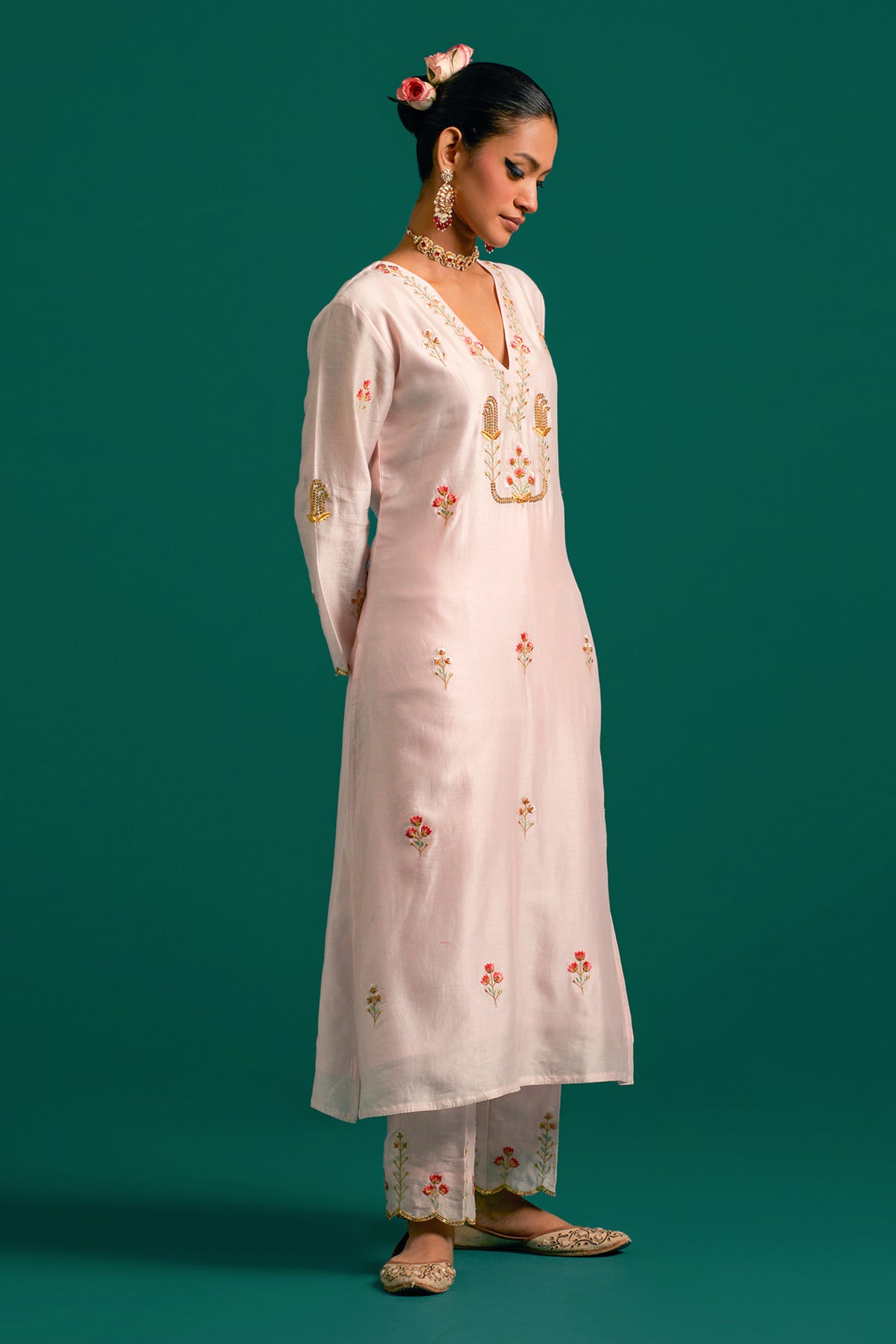 Pink V Neck  Silk Chanderi Kurta and Pant