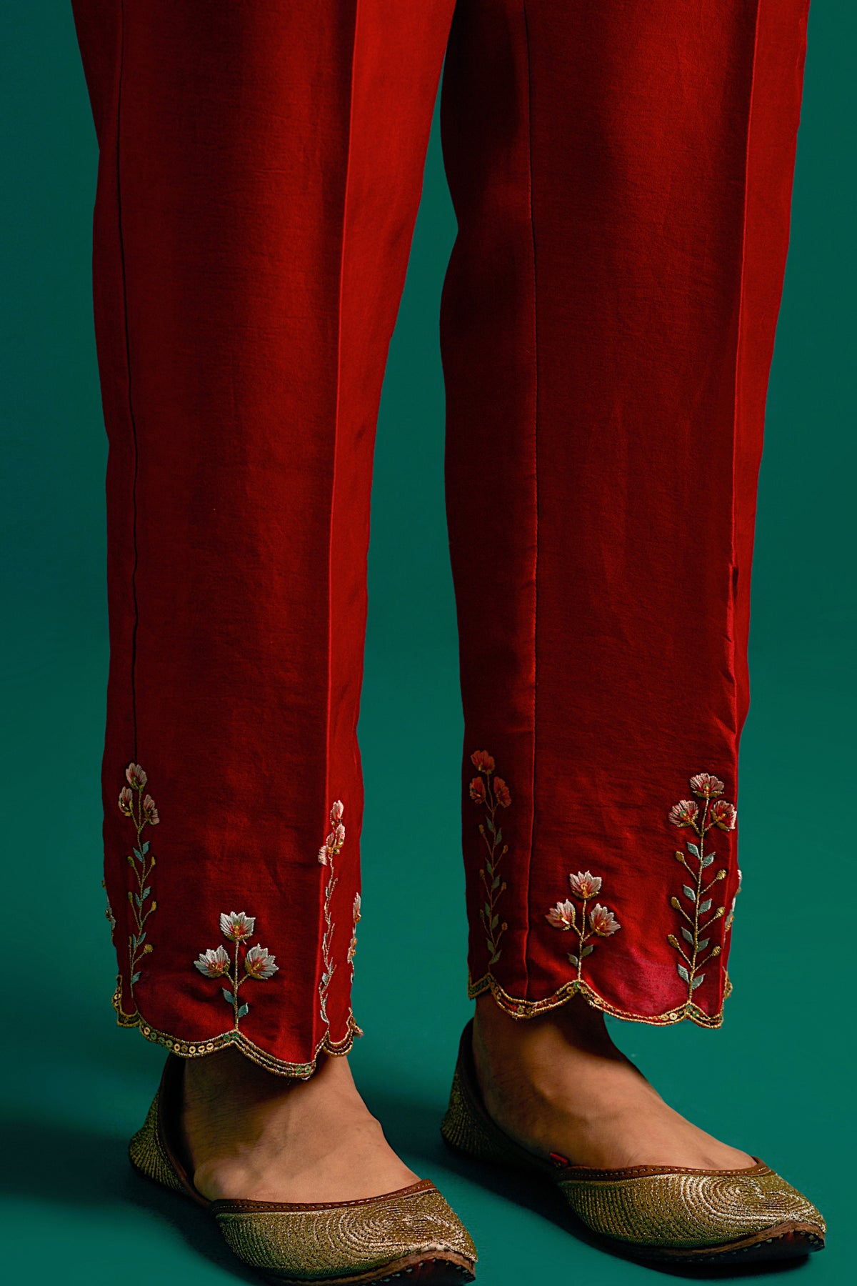 Red V Neck Silk Chanderi Kurta and Pant