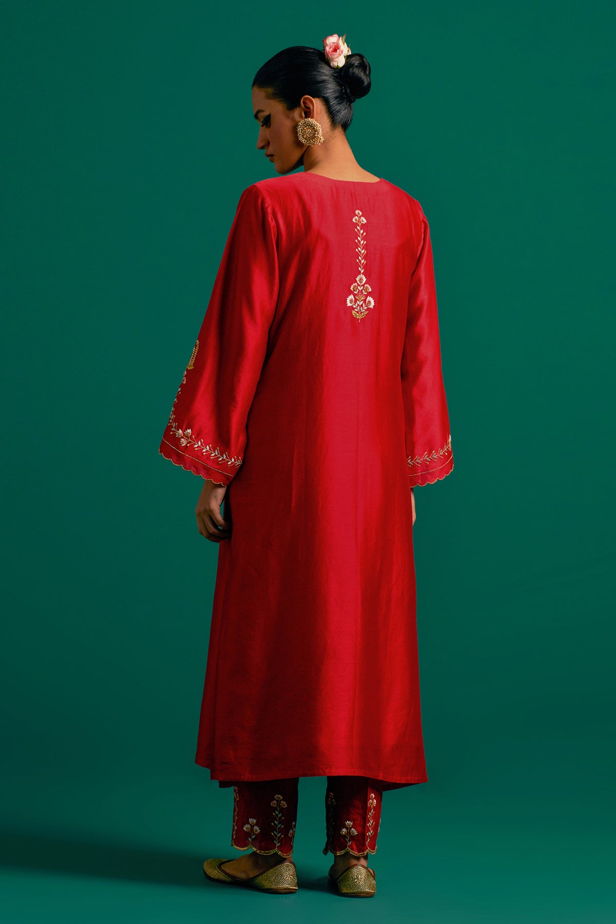 Red Silk Chanderi Kurta Set With Green Dupatta