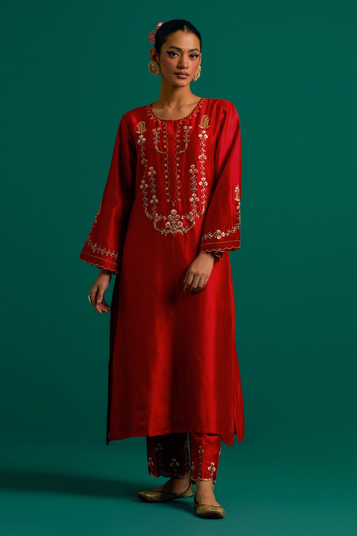 Red Silk Chanderi Kurta Set With Green Dupatta