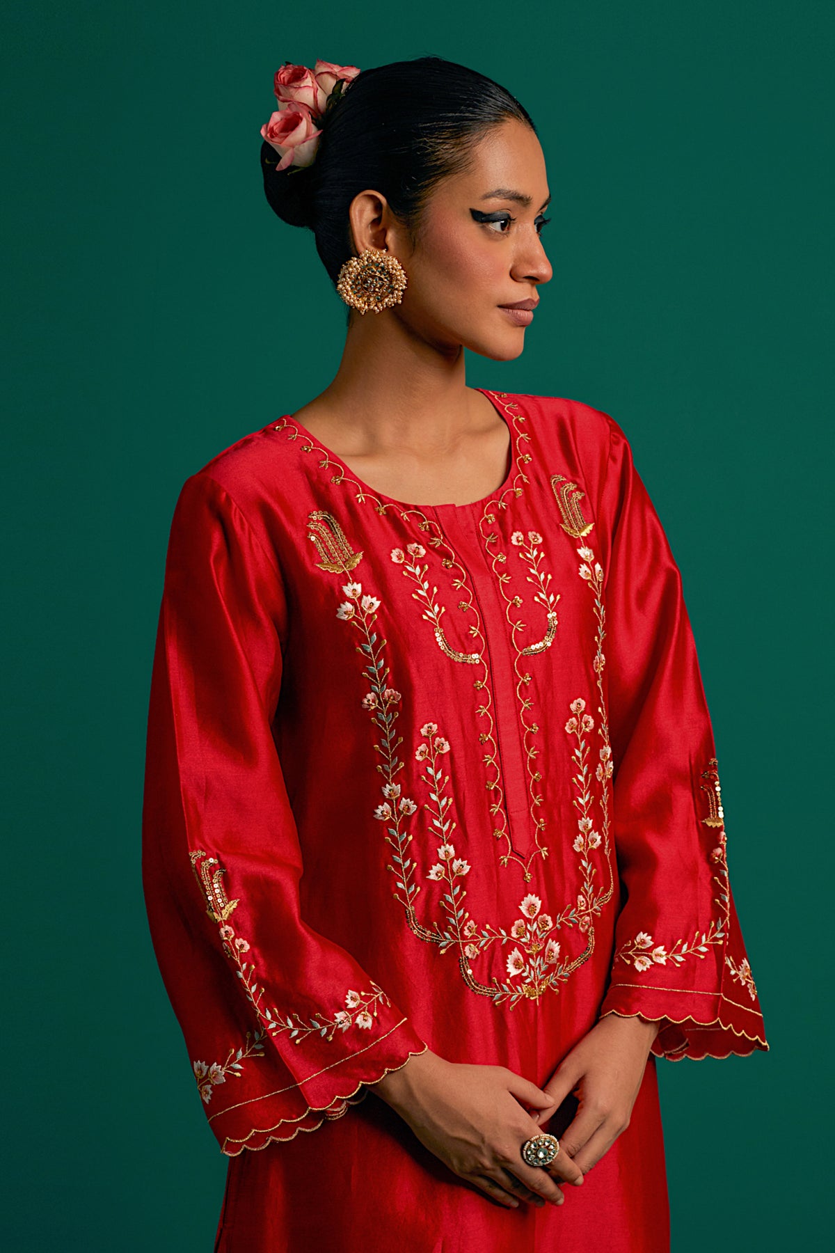 Red Silk Chanderi Kurta Set With Green Dupatta