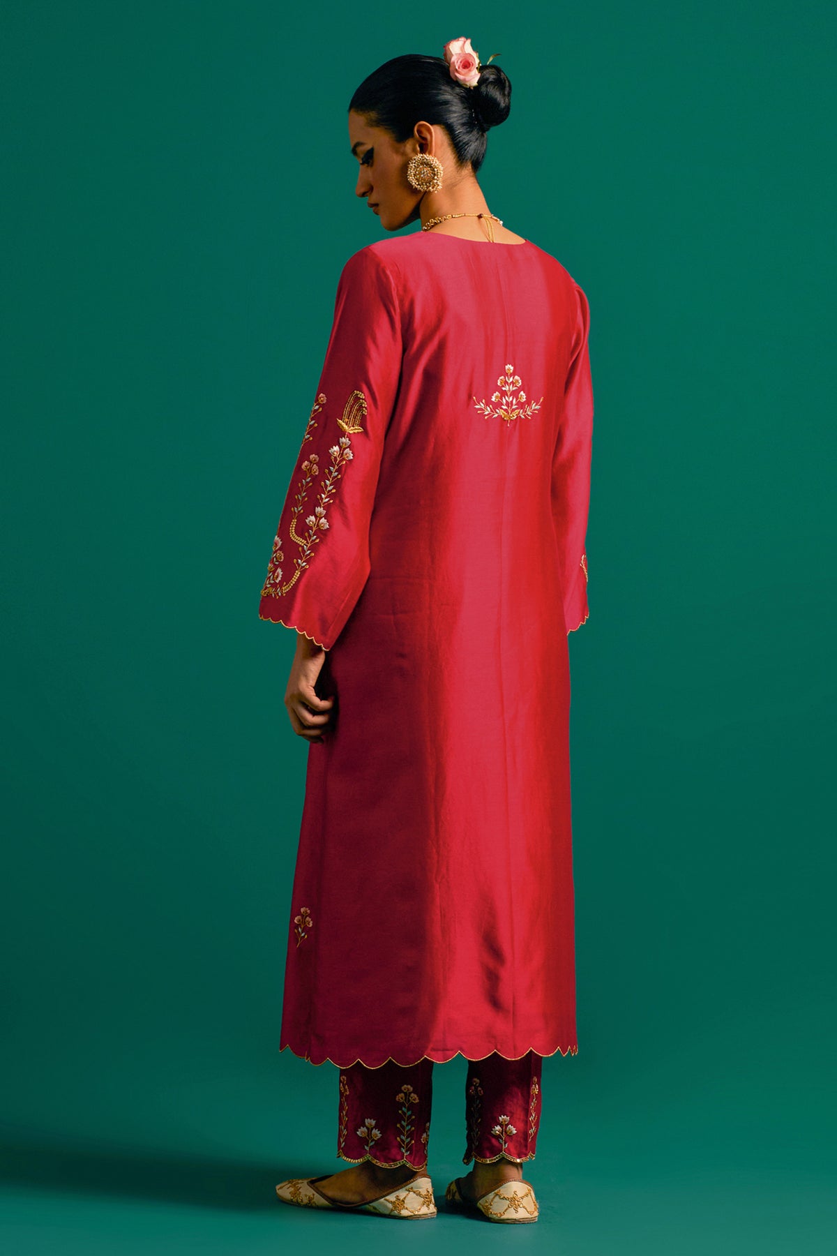 Red   Silk Chanderi Kurta Set With Green Dupatta