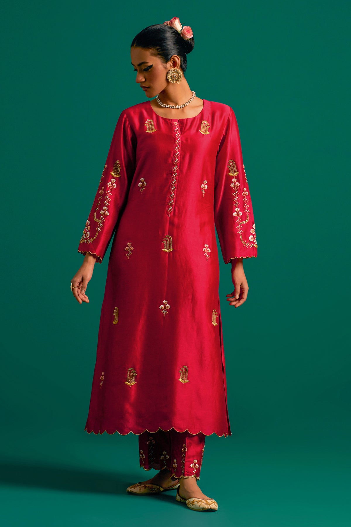 Red   Silk Chanderi Kurta Set With Green Dupatta