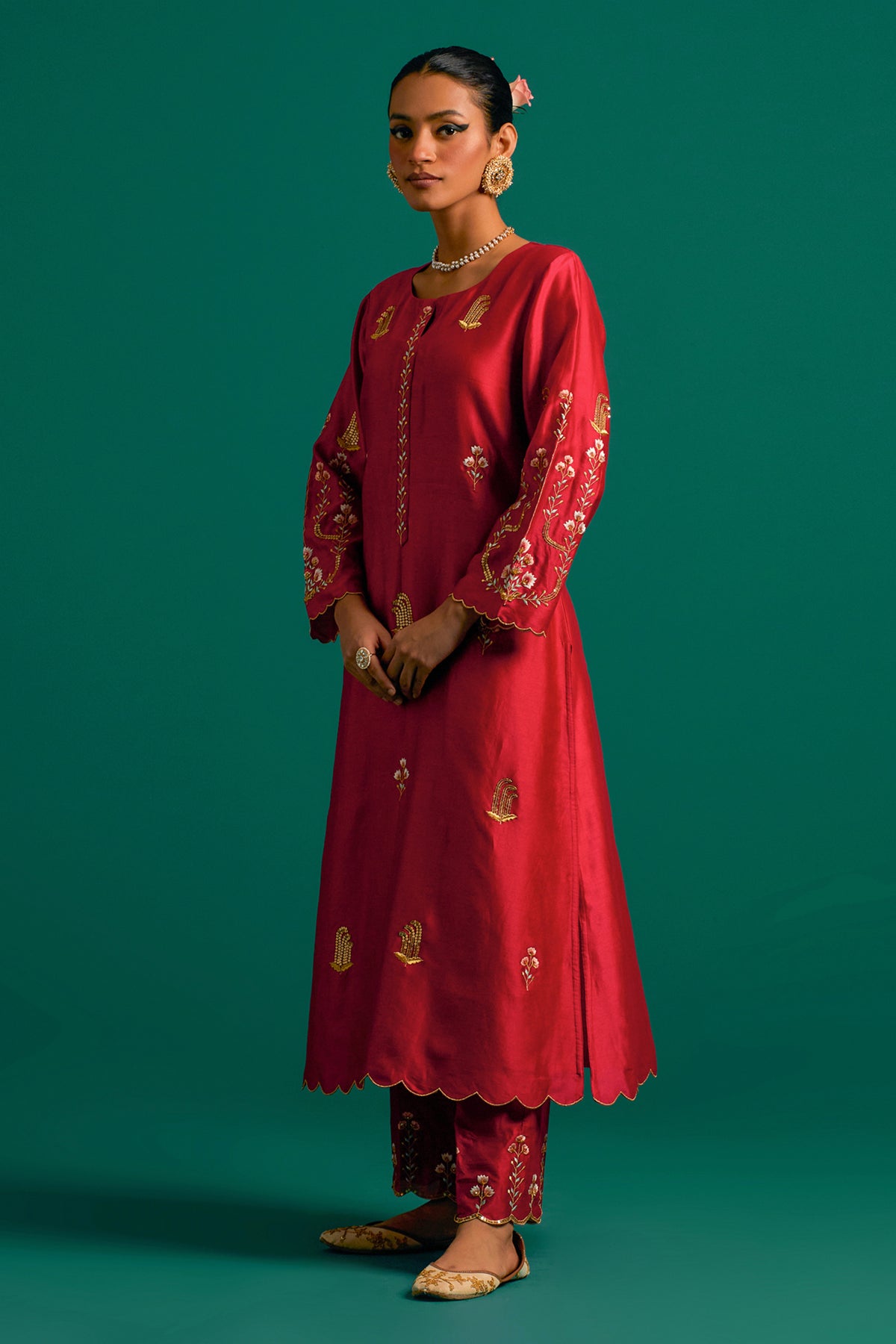 Red   Silk Chanderi Kurta Set With Green Dupatta