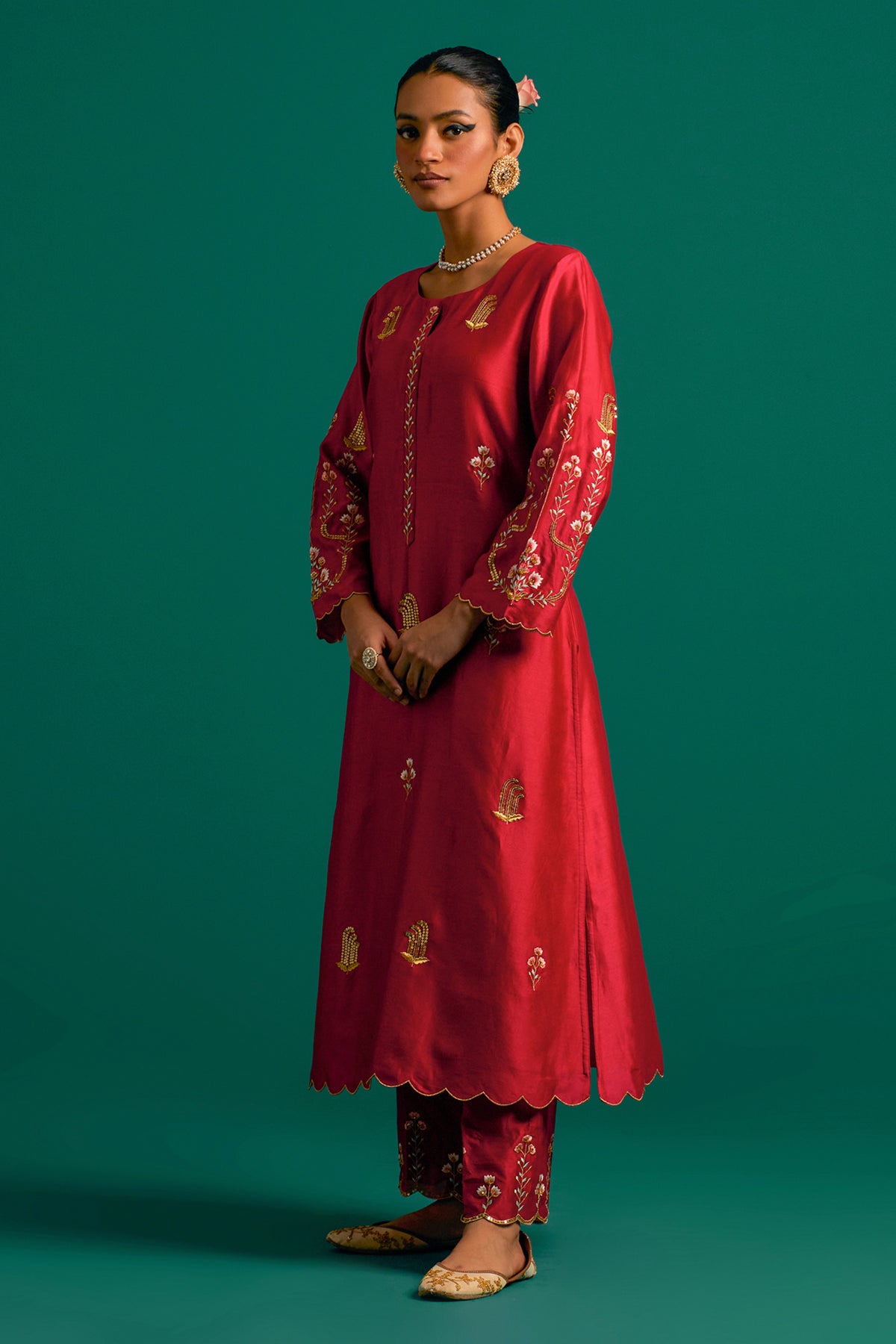 Red Silk Chanderi Kurta and Pant