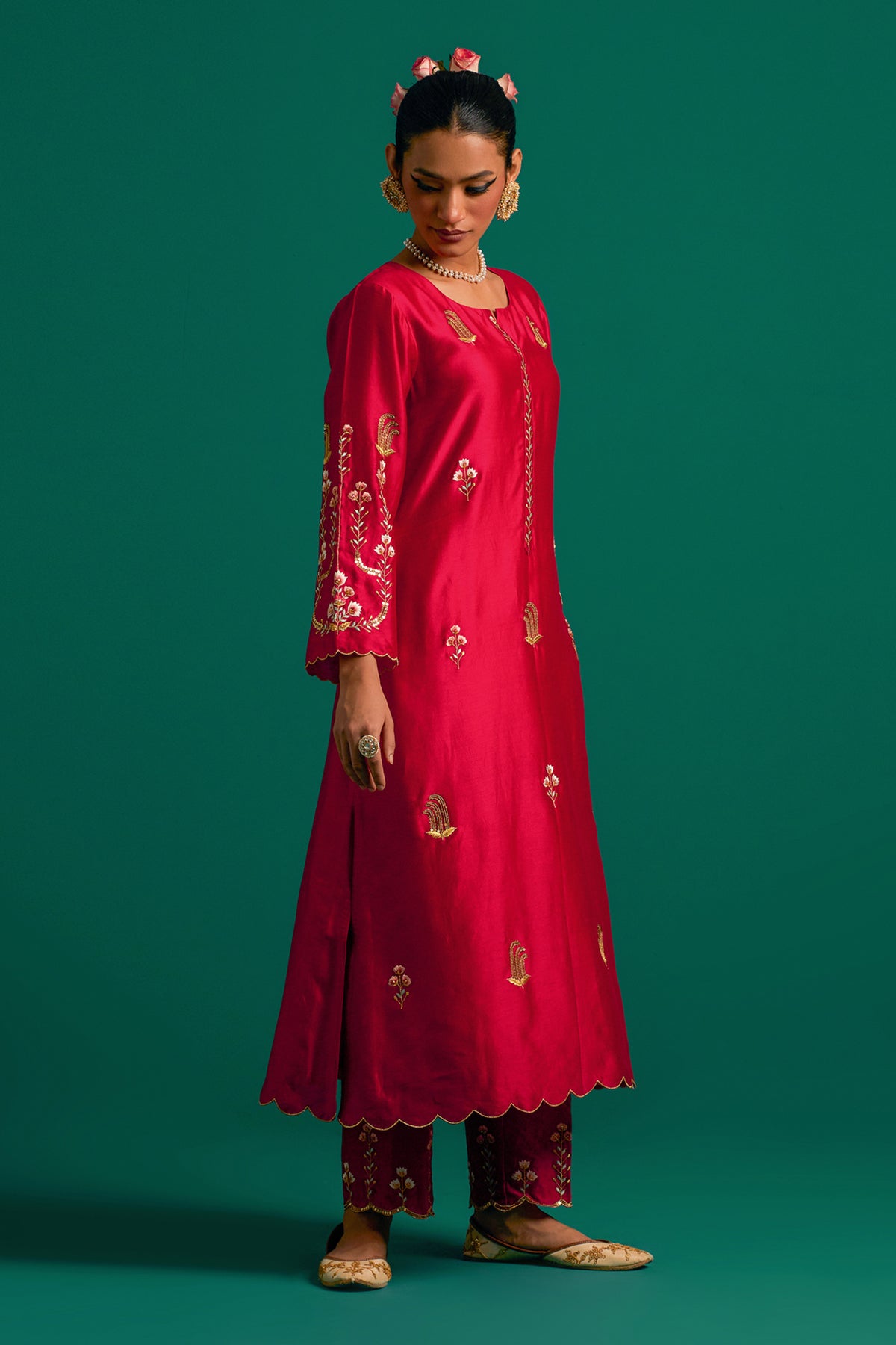 Red   Silk Chanderi Kurta Set With Green Dupatta