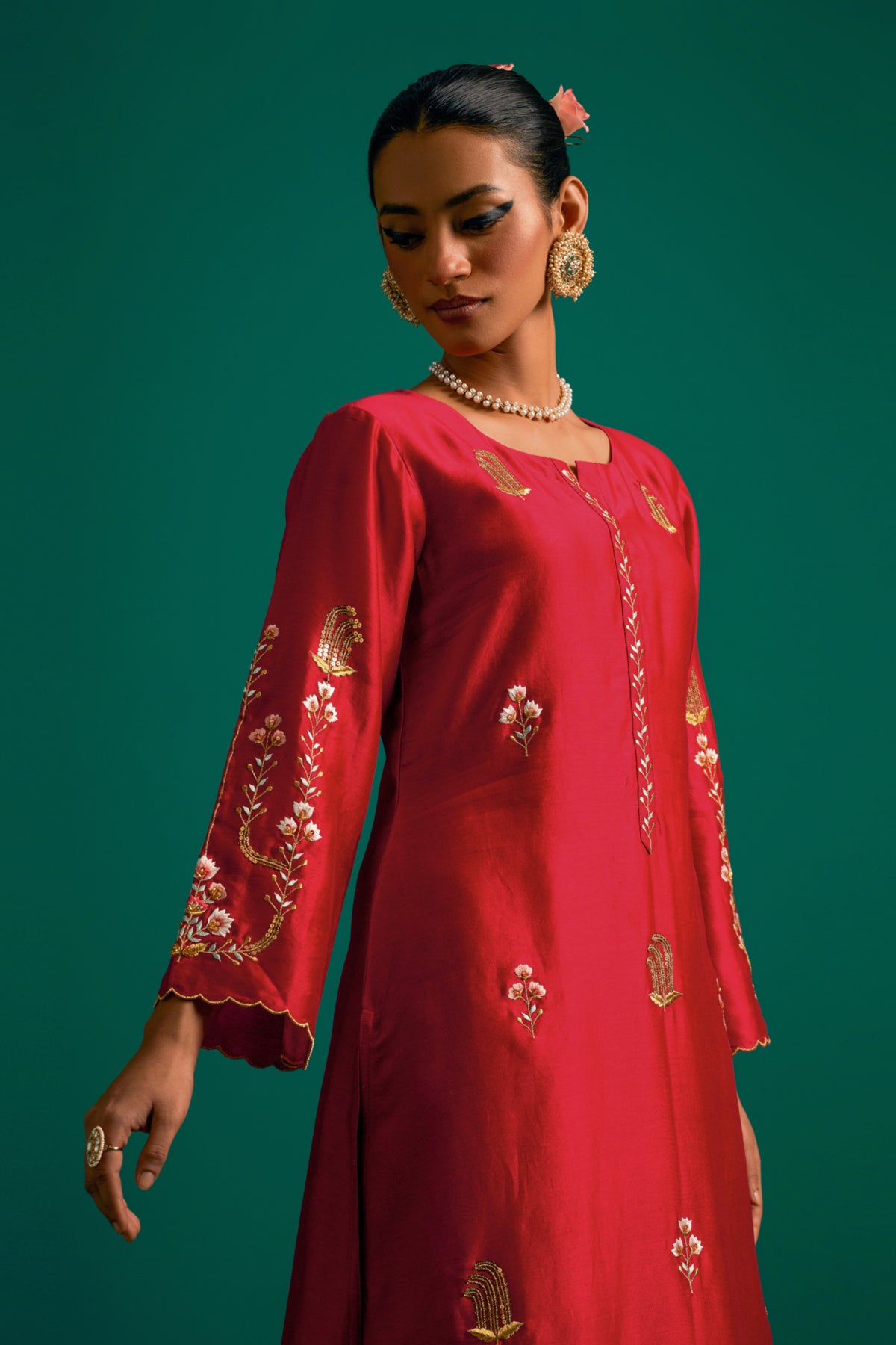 Red   Silk Chanderi Kurta Set With Green Dupatta