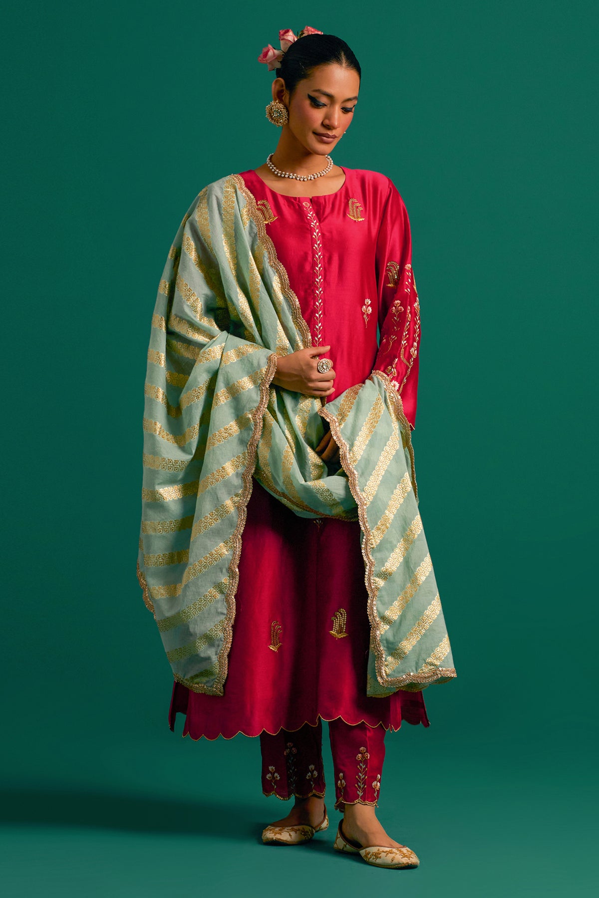 Red   Silk Chanderi Kurta Set With Green Dupatta