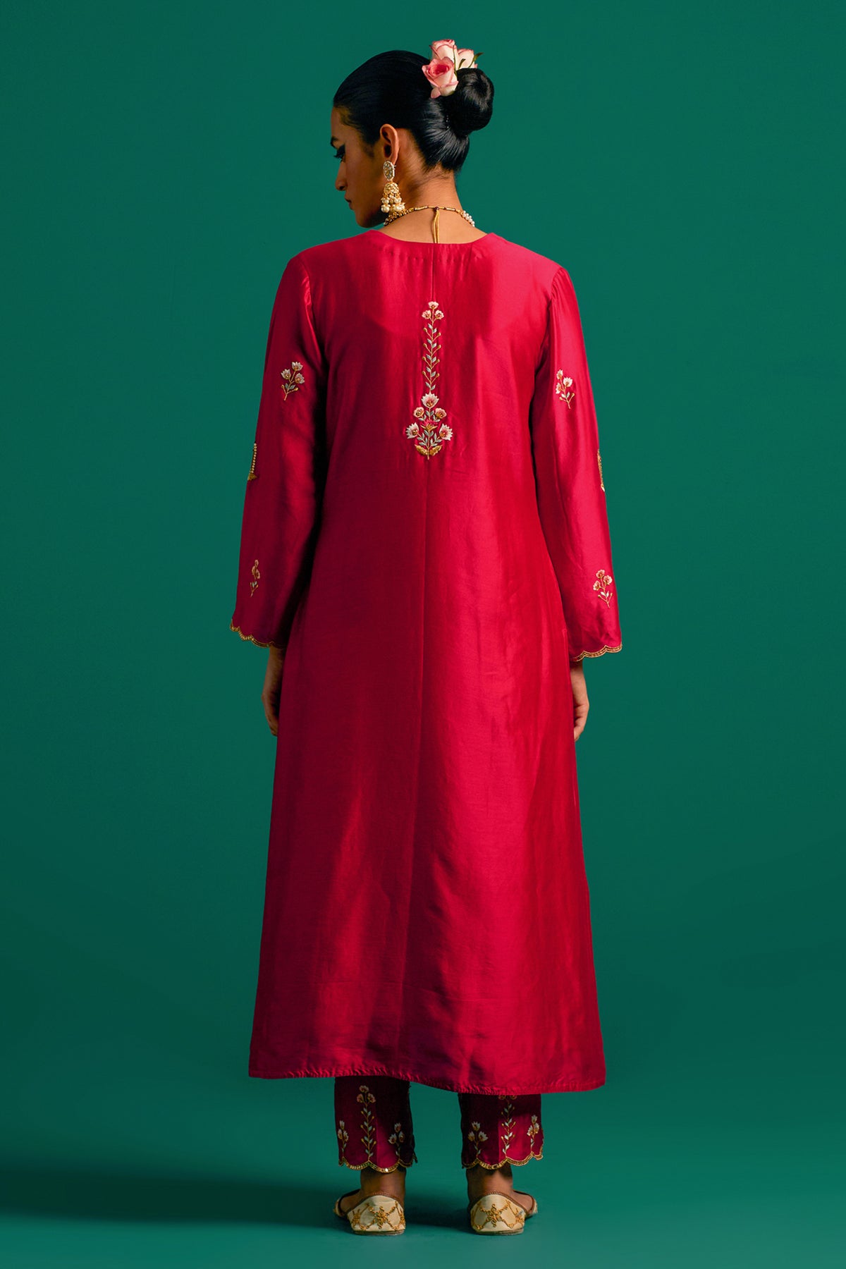 Red V Neck Silk Chanderi Kurta and Pant