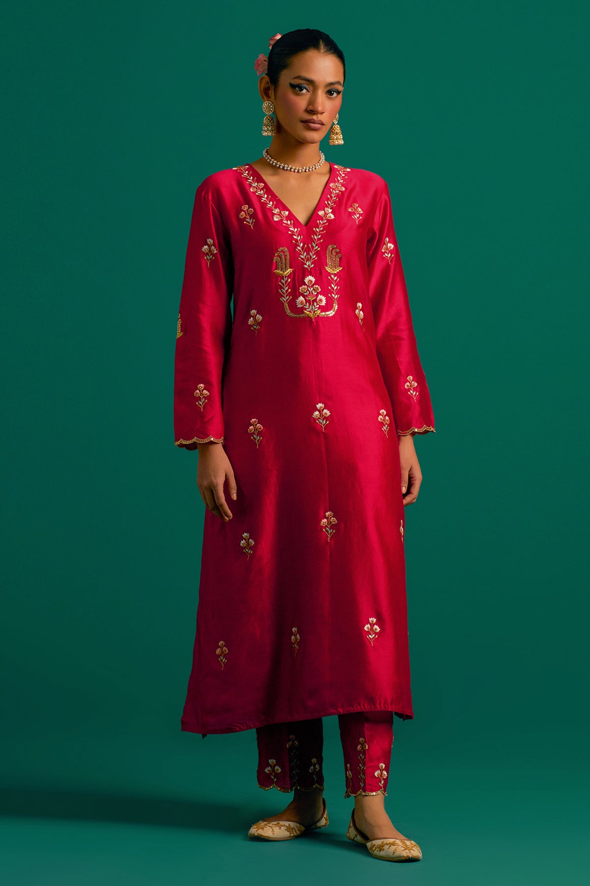 Red V Neck Silk Chanderi Kurta and Pant