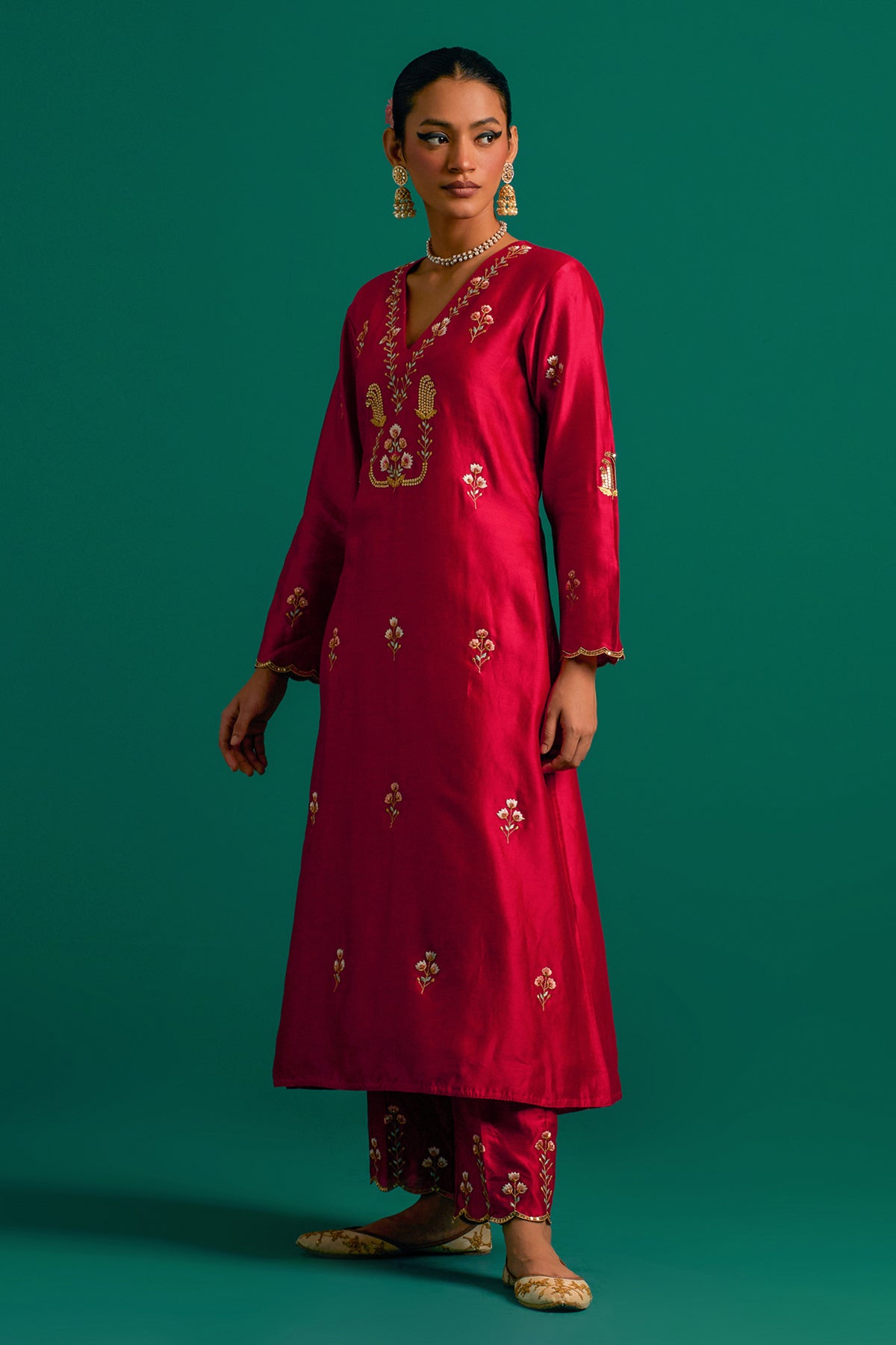 Red V Neck Silk Chanderi Kurta and Pant