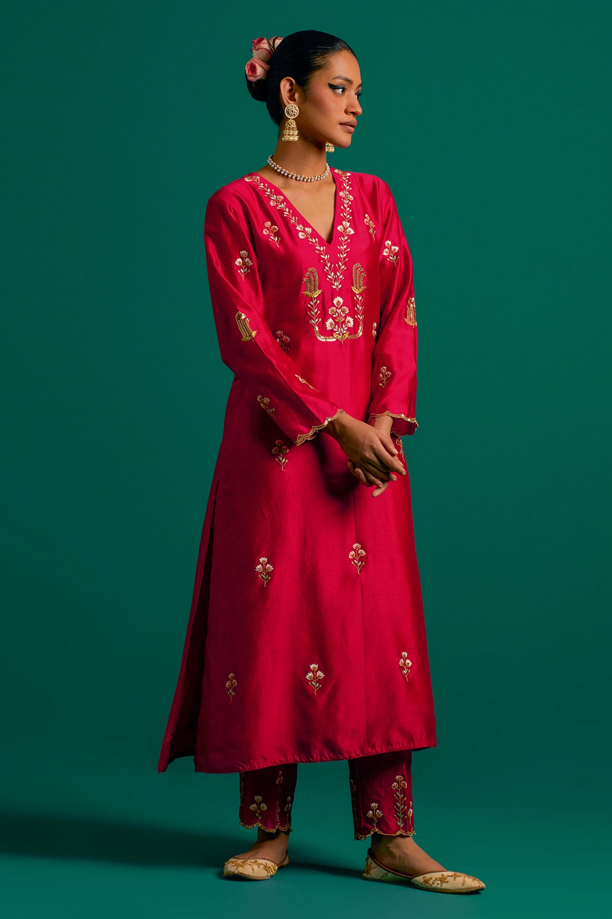 Red V Neck Silk Chanderi Kurta and Pant