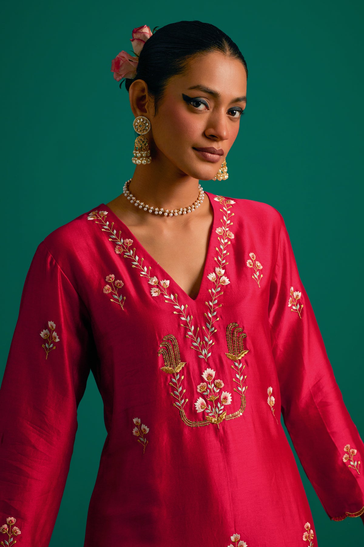 Red V Neck Silk Chanderi Kurta and Pant