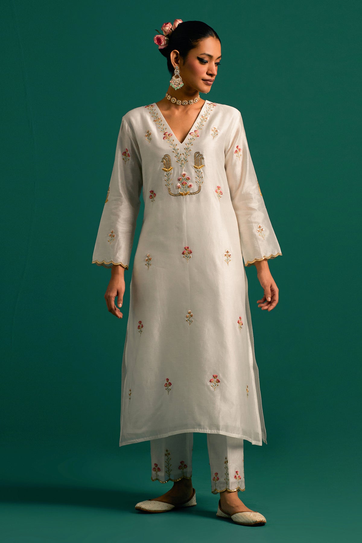 Off White V Neck Silk Chanderi Kurta and Pant