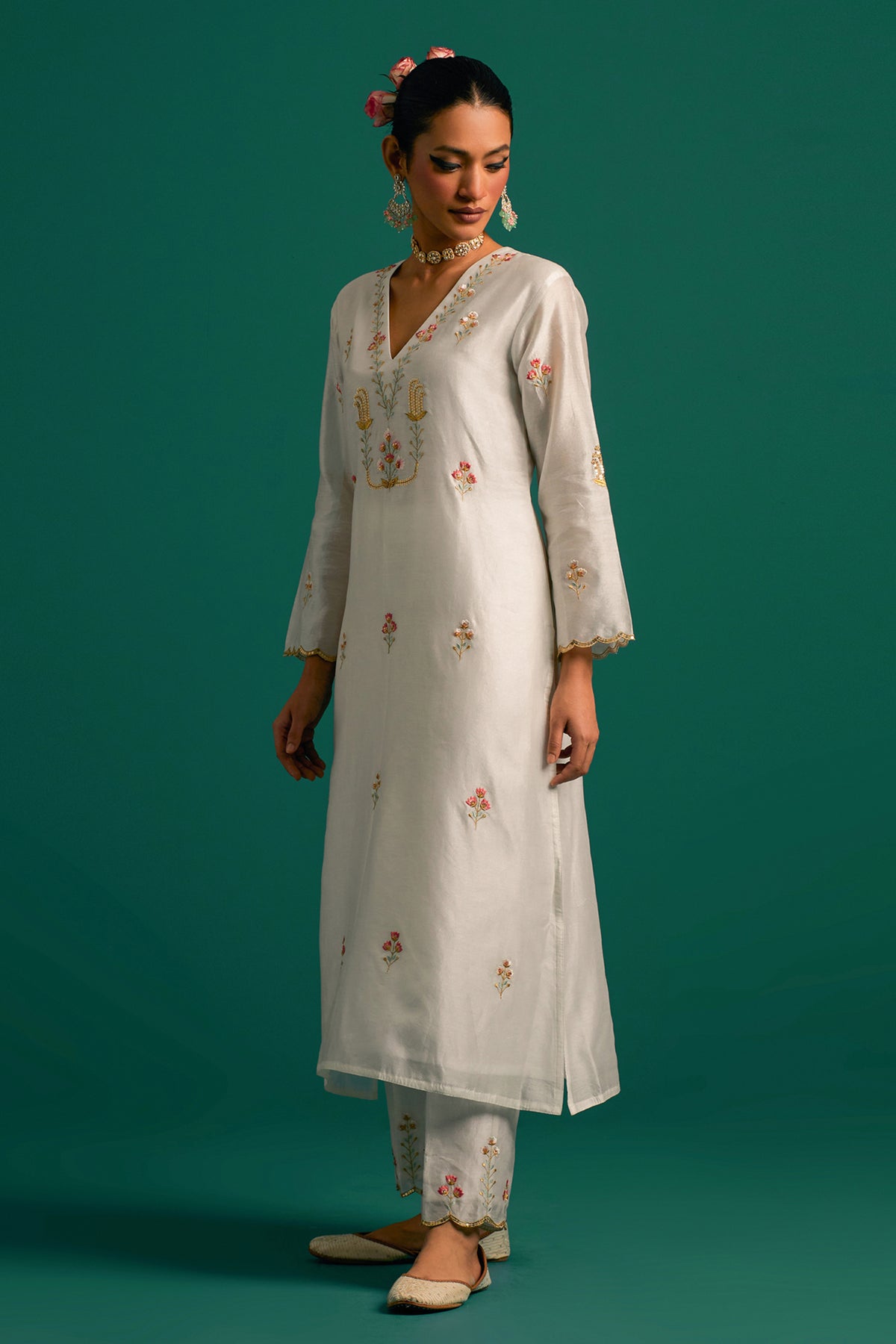 Off White V Neck Silk Chanderi Kurta and Pant