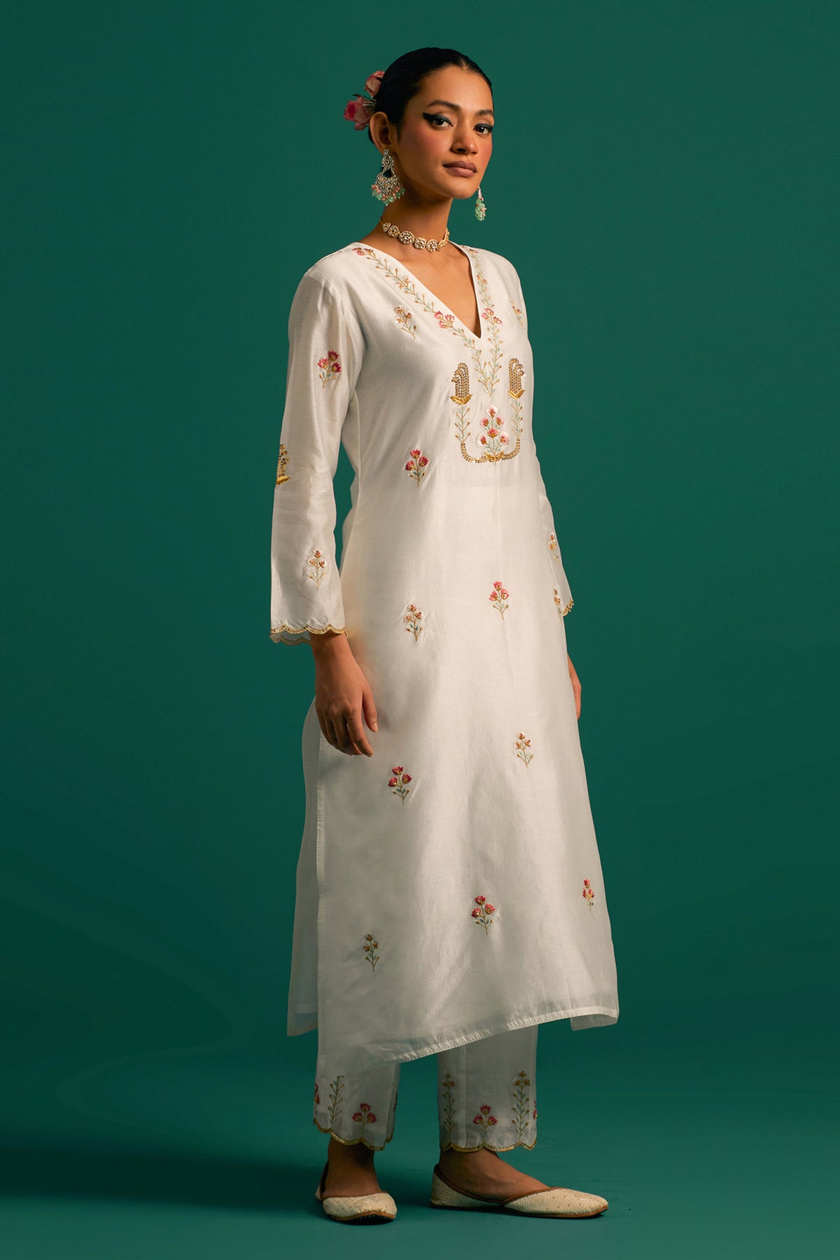 Off White V Neck Silk Chanderi Kurta and Pant