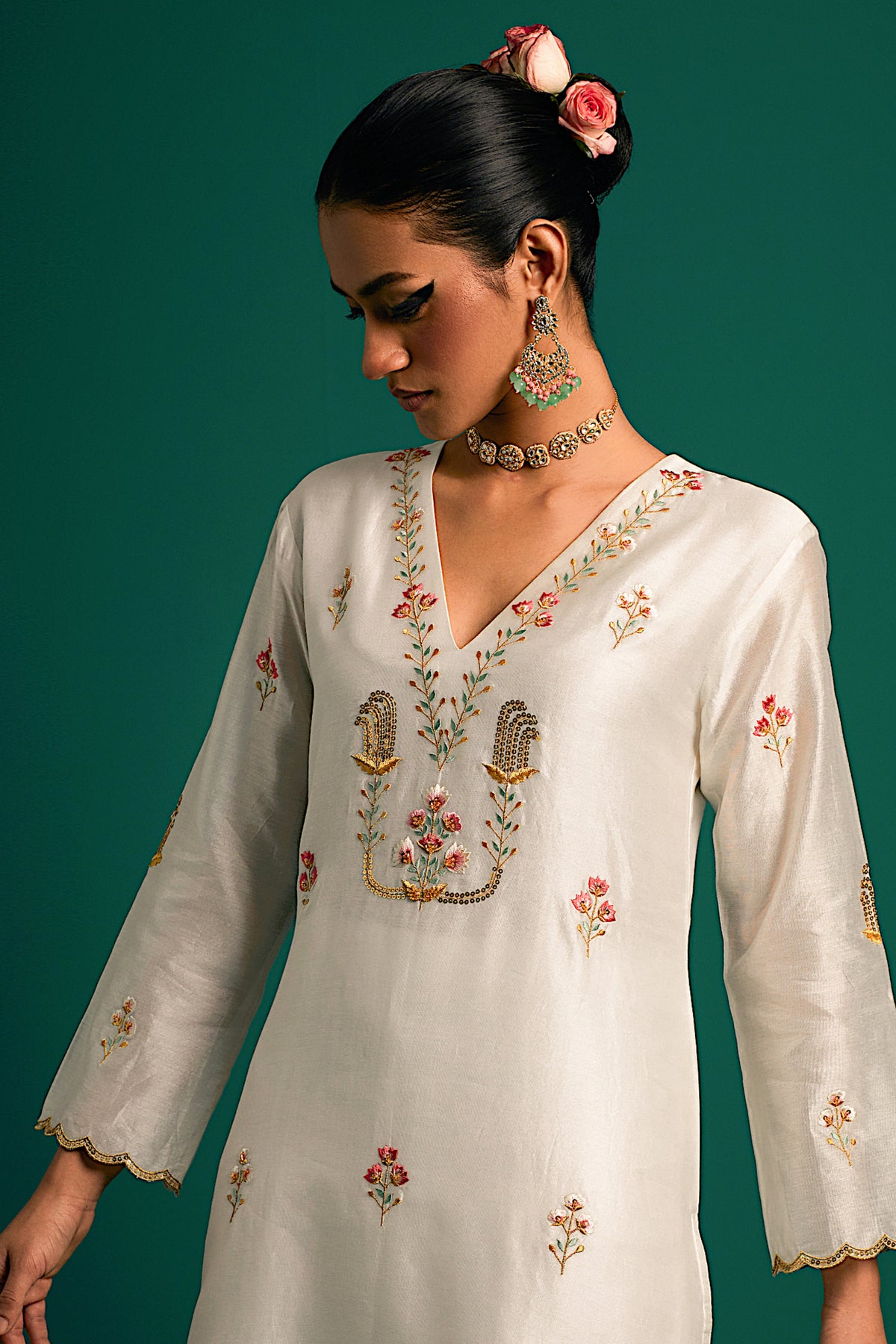 Off White V Neck Silk Chanderi Kurta and Pant