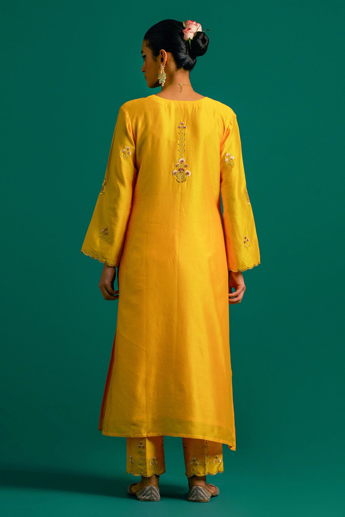 Yellow Silk Chanderi Kurta Set With Wine Dupatta