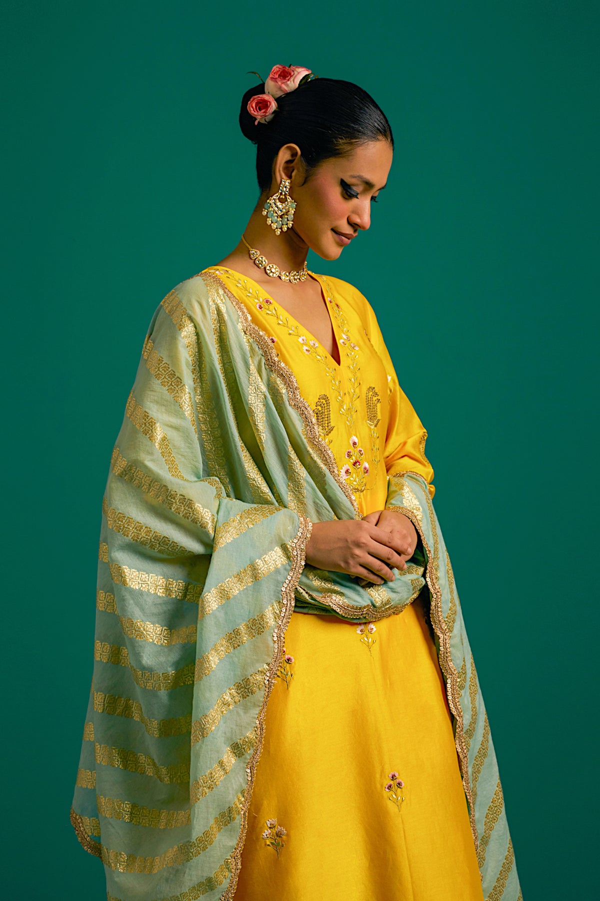 Yellow V Neck  Silk Chanderi Kurta Set With Green Dupatta