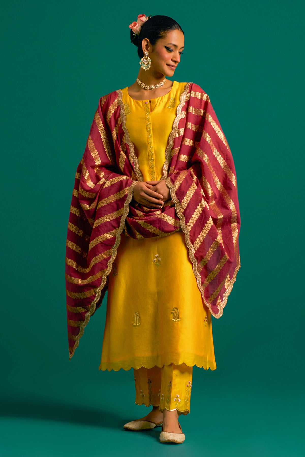 Yellow Silk Chanderi Kurta Set With Wine Dupatta