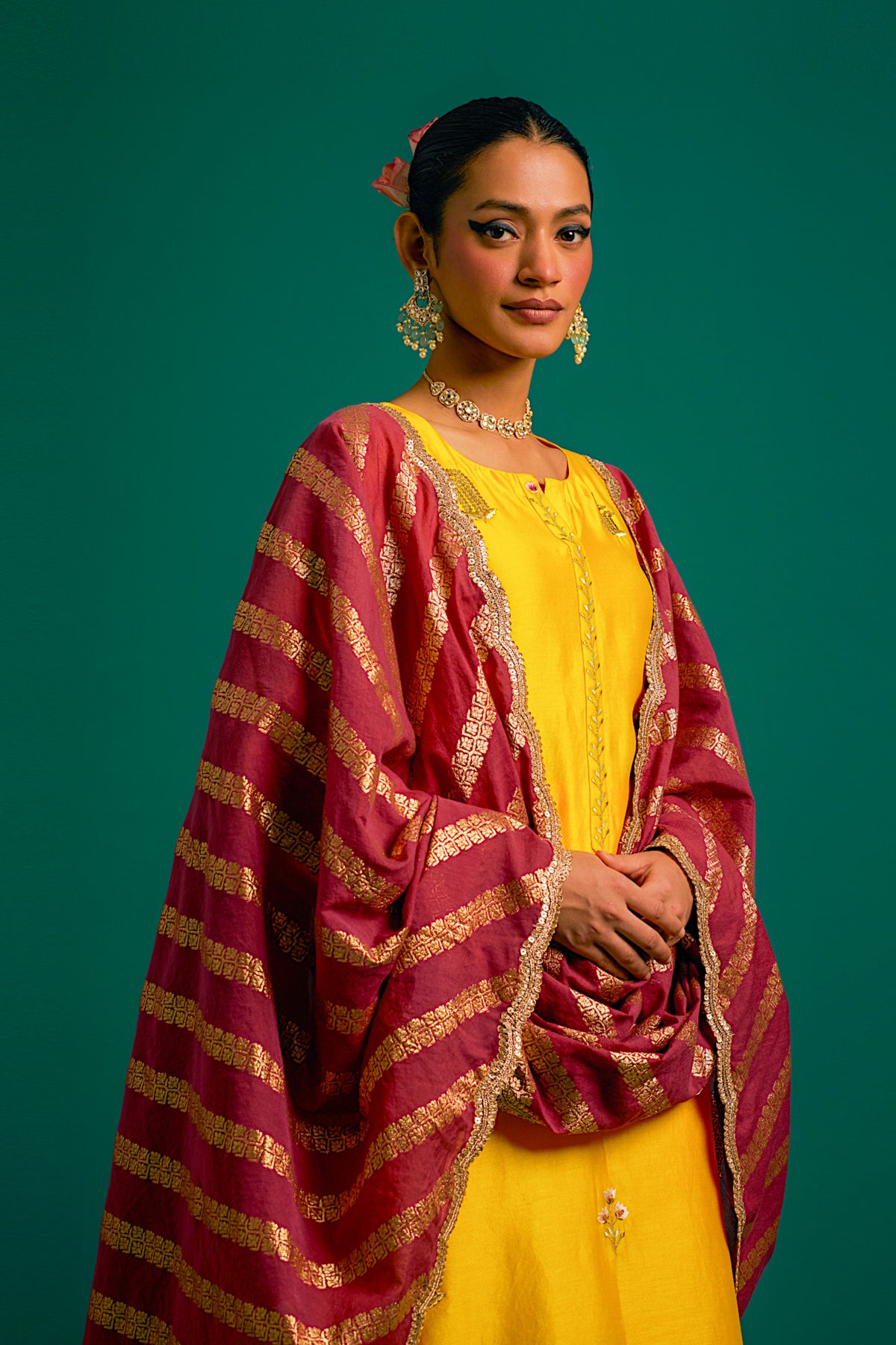 Yellow Silk Chanderi Kurta Set With Wine Dupatta