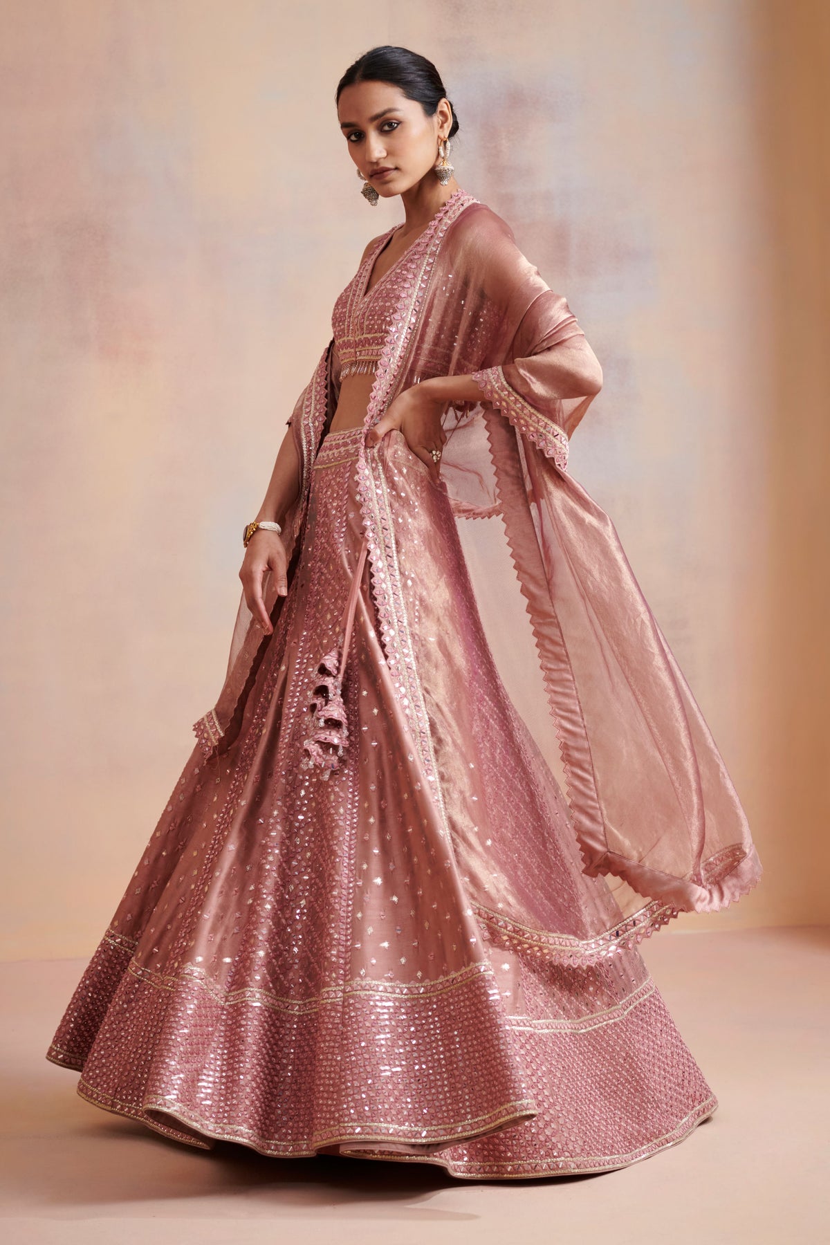 Rose gold slub silk lehenga set