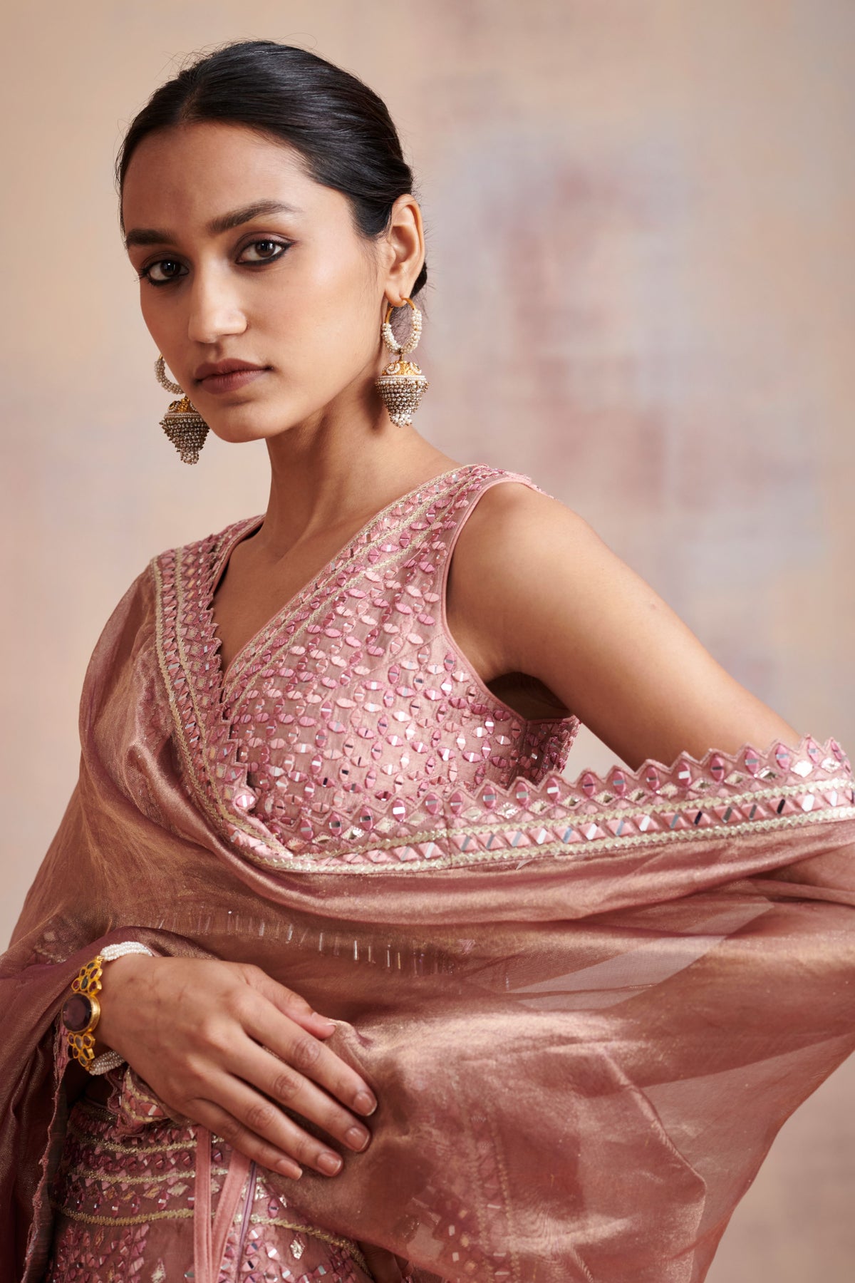 Rose gold slub silk lehenga set