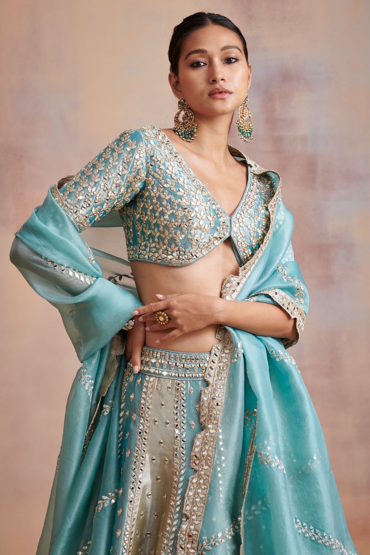 Turquoise ivory tissue lehenga set