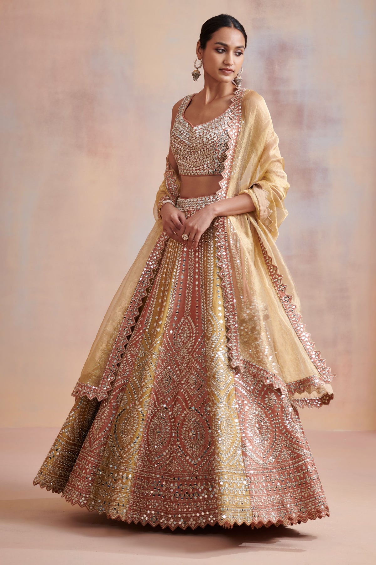 Rust and mustard slub silk lehenga set