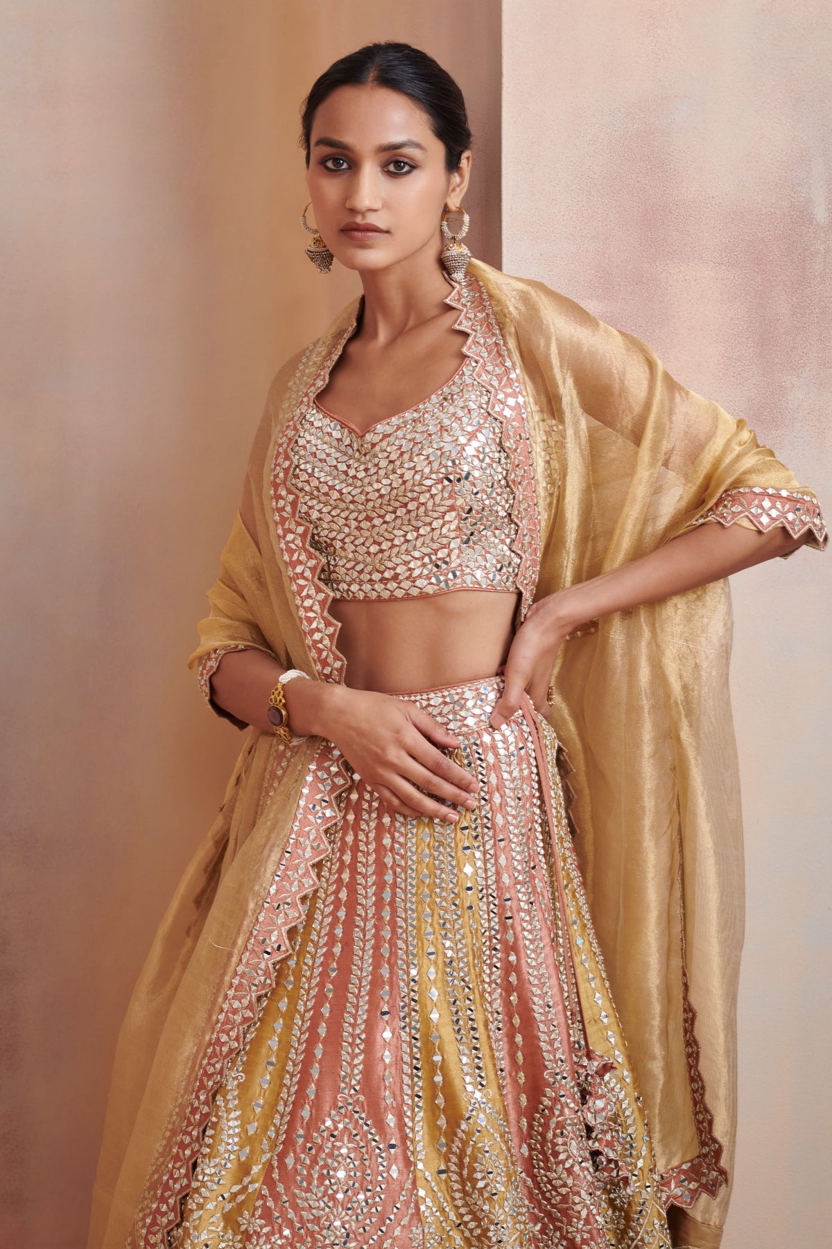 Rust and mustard slub silk lehenga set