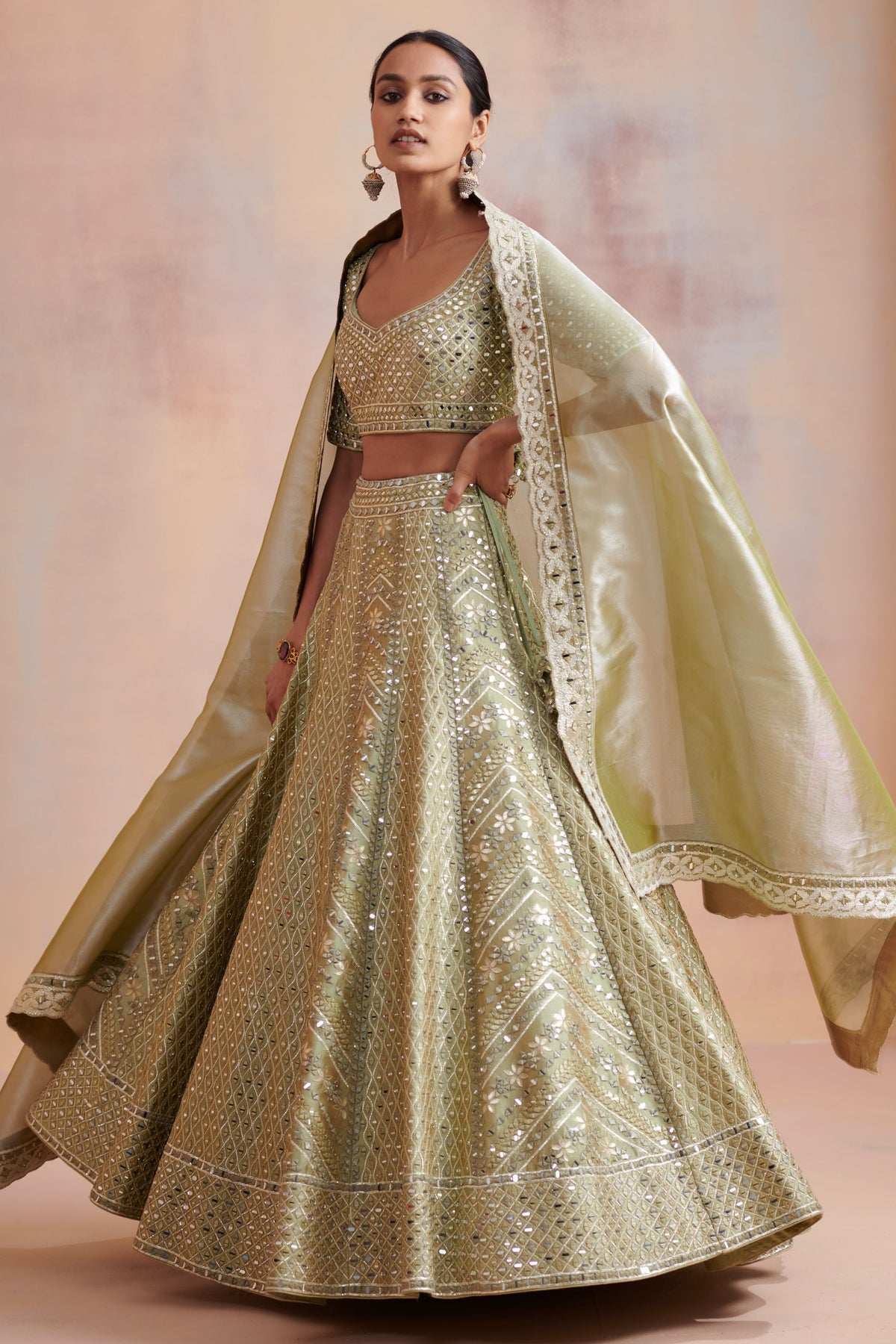 Sage green slub silk lehenga set